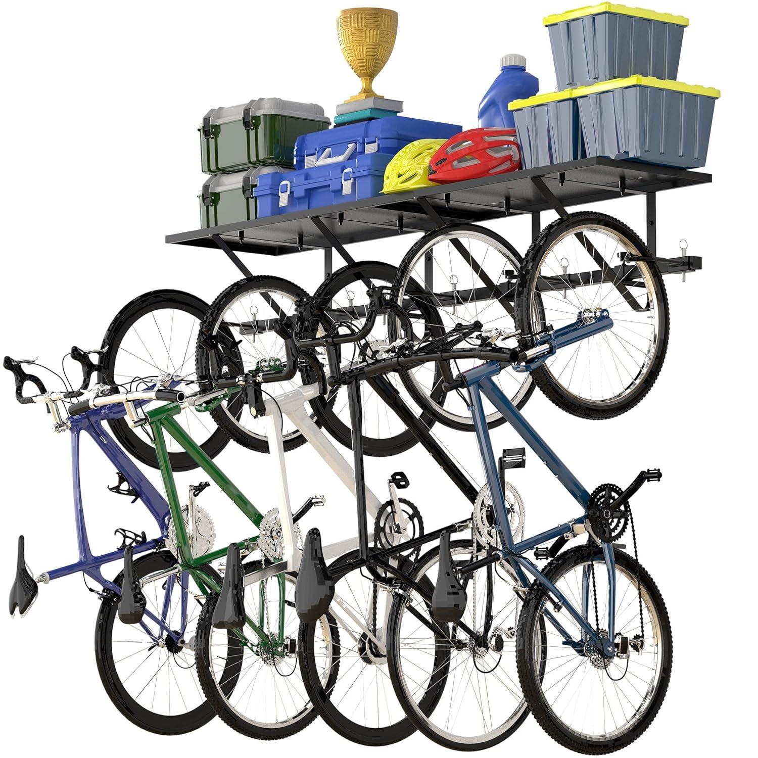 Bike Storage Rack with Shelf, Bike Wall Mount Garage Stand, Bike Hanger Storage Bicycles Hanger Hooks Bike Hooks for Garage Organizer