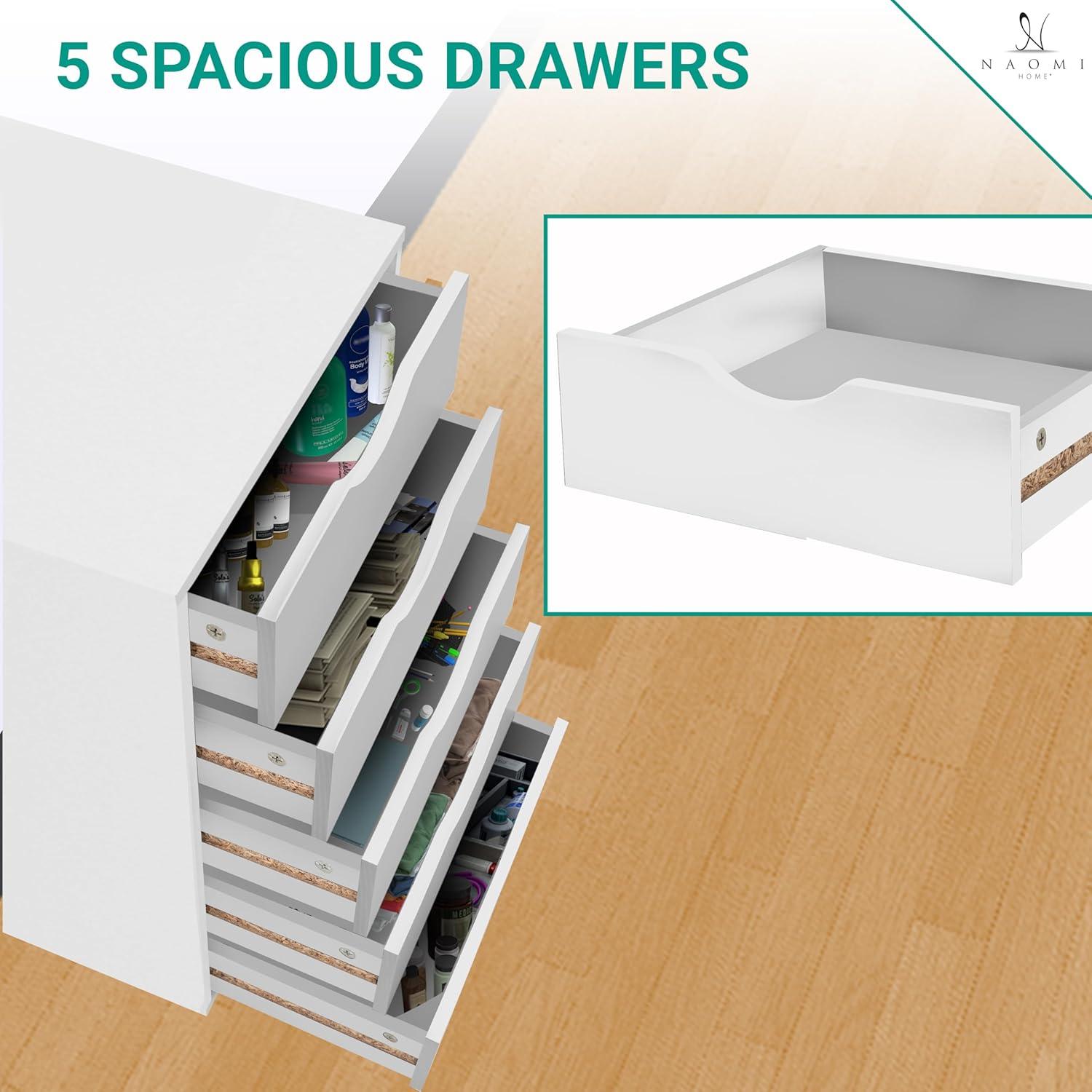 Naomi Home 5 Drawer Dresser, Tall Dressers for bedroom, Kids dresser with Wheels, Durable Storage dresser, Small Dresser for Closet, Makeup dresser with 180 lbs Capacity – White