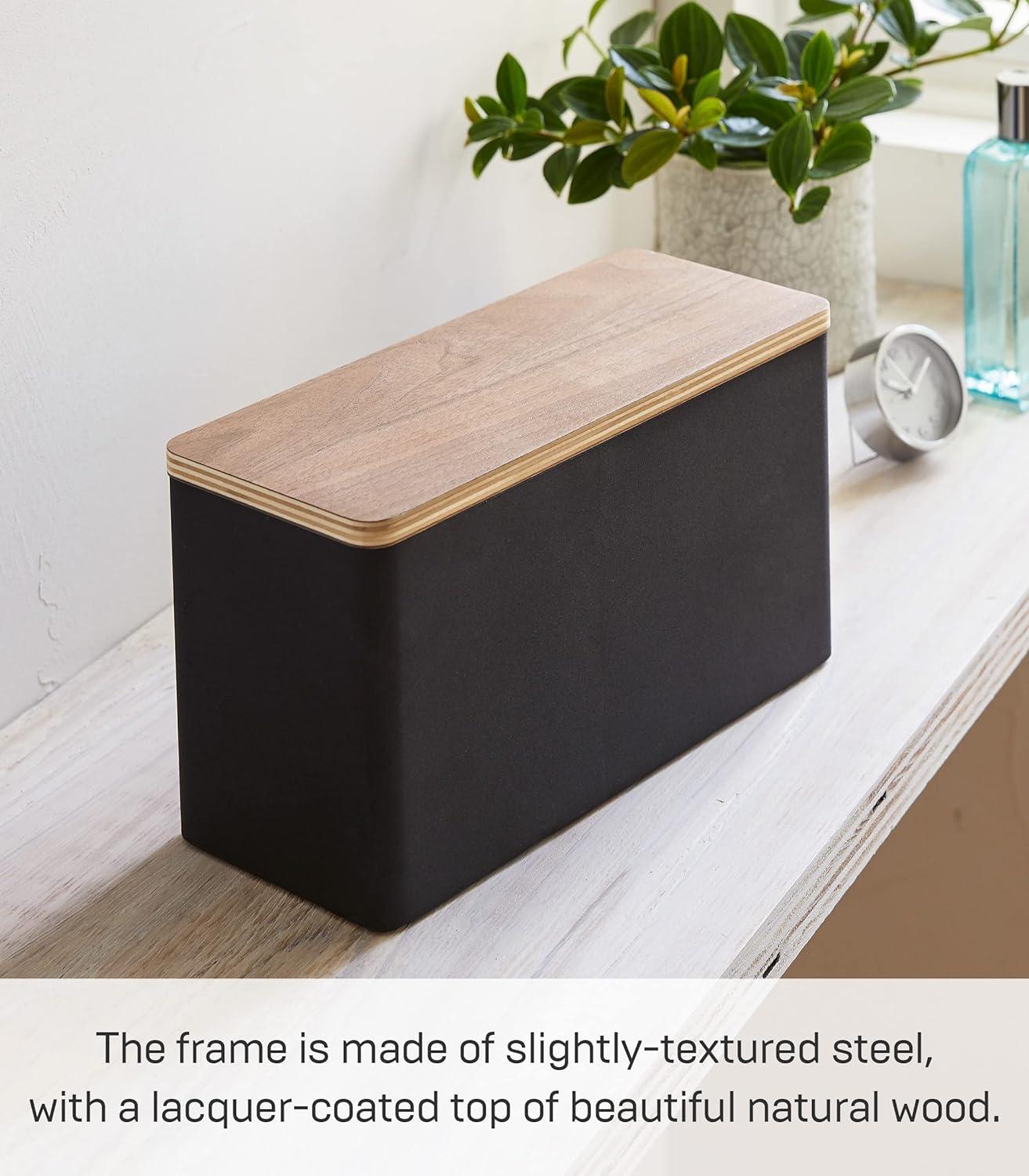 Black Steel and Wood Lidded Countertop Organizer