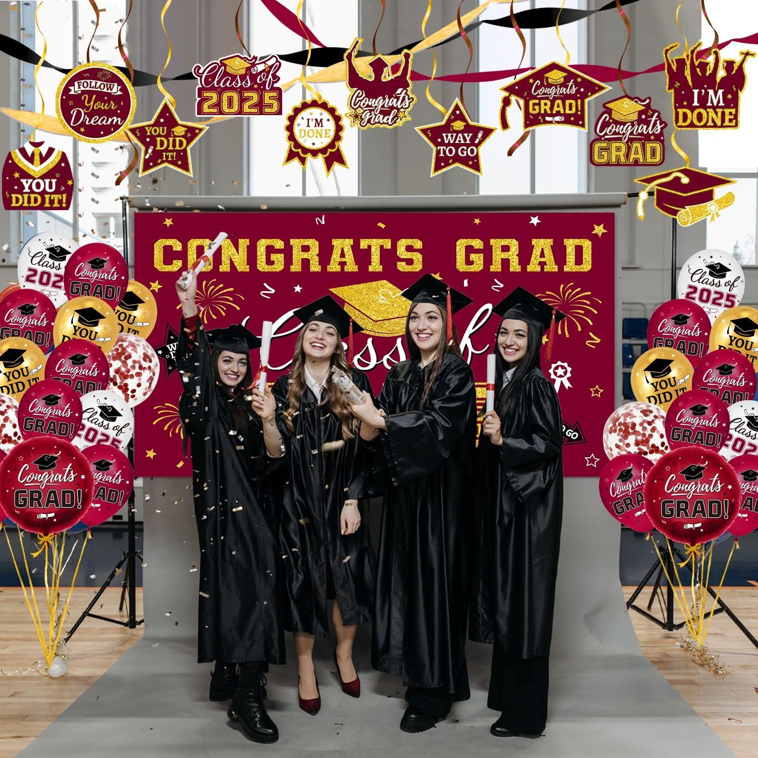 2025 Graduation Party Decoration, Red Gold Themed Set with Congrats Grad Banner, Balloons, Foil Number 2025 for Class of 2025 Graduation Party Supplies