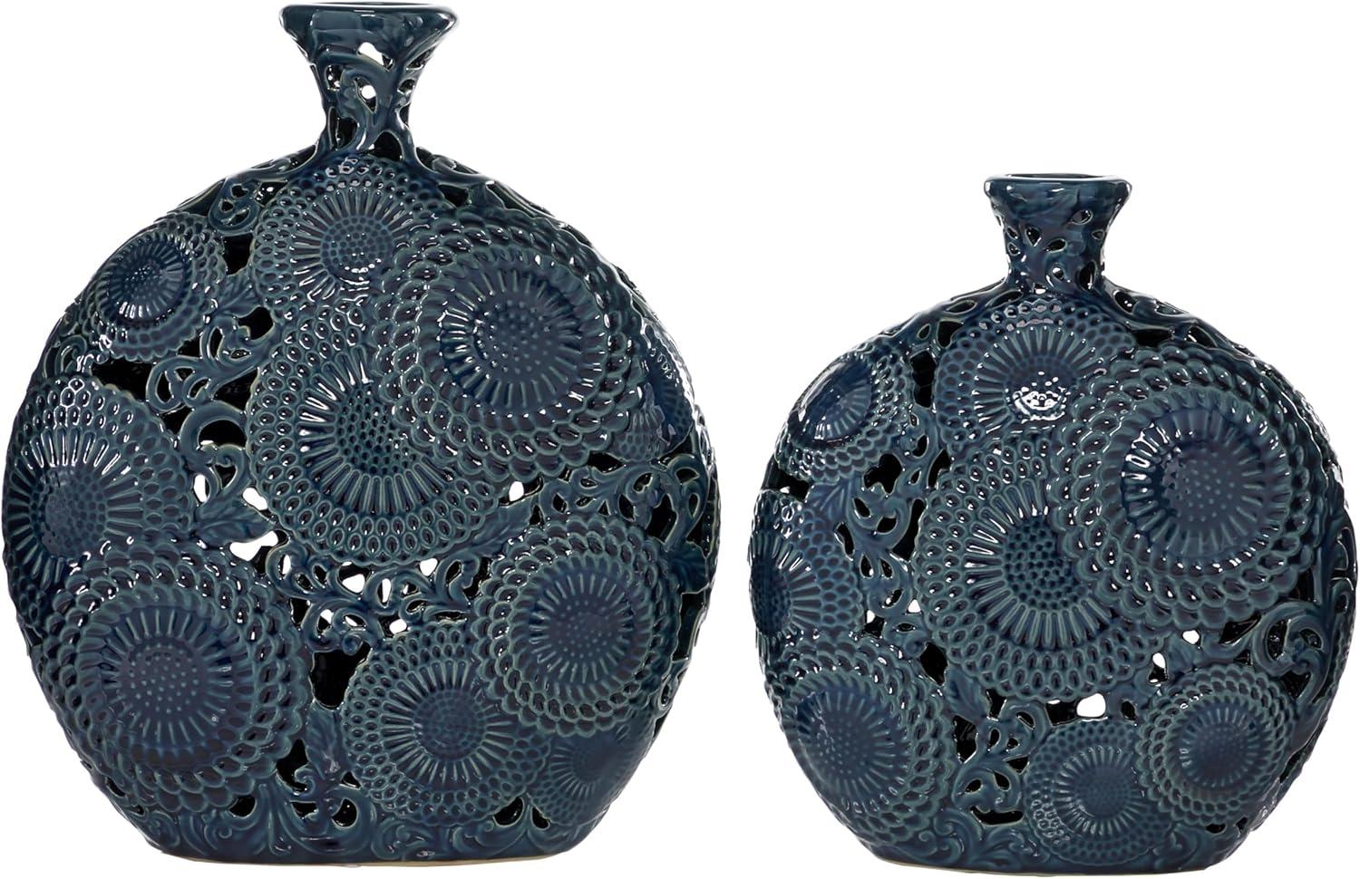 DecMode 16", 13"H Floral Blue Ceramic Vase with Cut Out Patterns, Set of 2