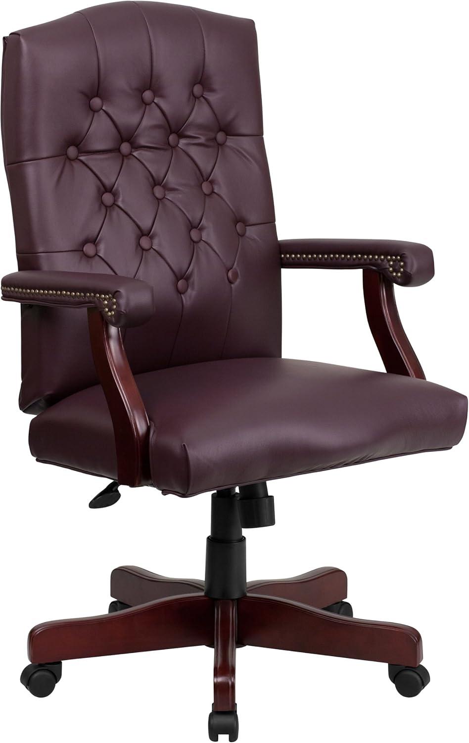 Burgundy Leather High Back Executive Swivel Office Chair with Wood Arms