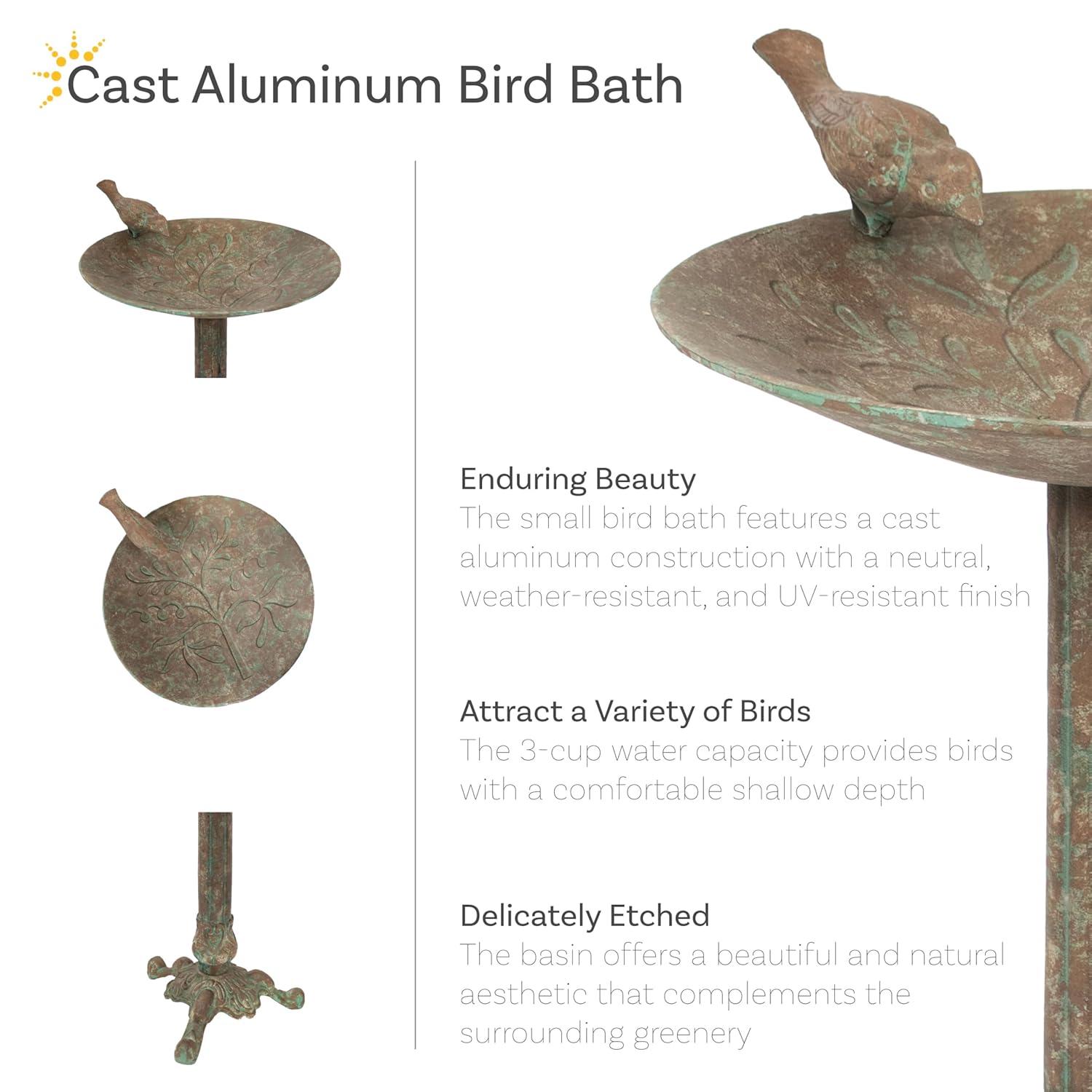 SunnyDaze Decor Ivy and Sage Freestanding Cast Aluminum Outdoor Bird Bath - Rustic Patina