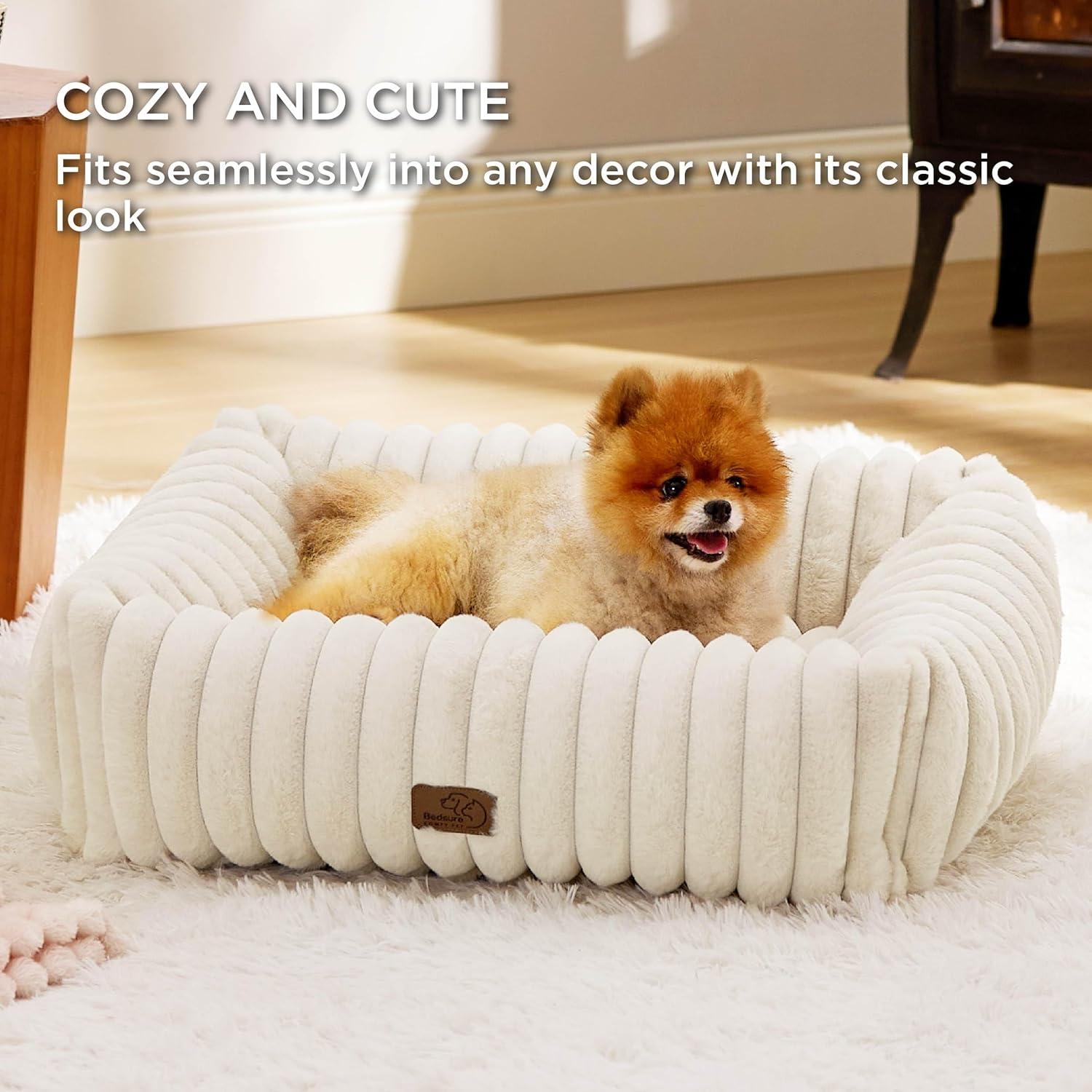 Cream Corduroy Fleece Orthopedic Dog Bed with Raised Sides