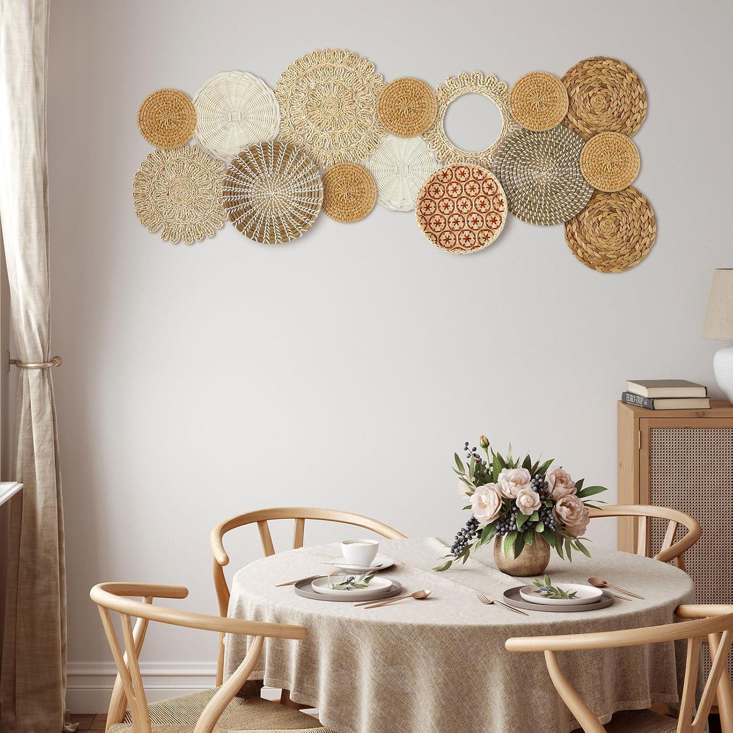 Bungalow Rose Siena 15 Pcs Boho Siena Hanging Woven Sienaative Rustic Handcrafted Seagrass Baskets Round Woven Hanging Art For Home Farmhouse Kitchen Table Living Room