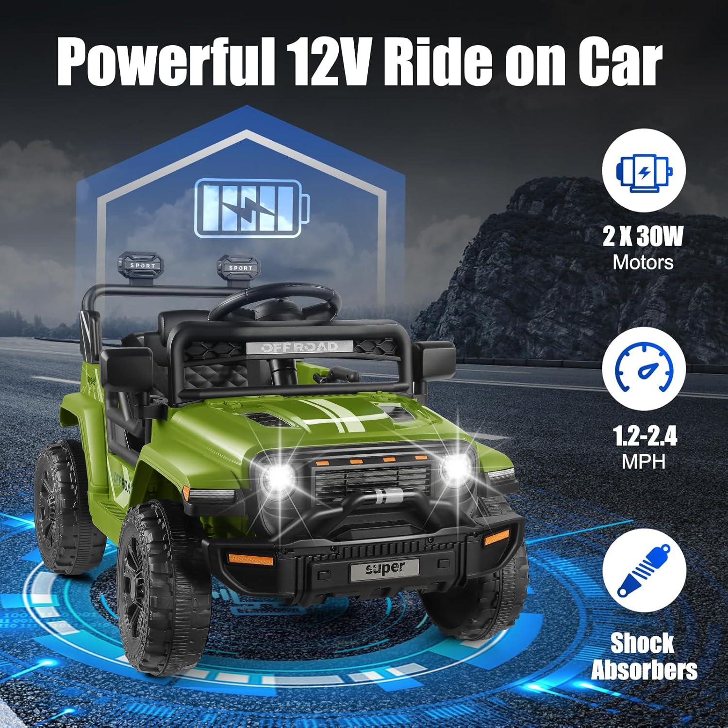 12V Ride On Toys For Kids With Remote Control, 1 Seater Kids Electric Car Jeep,LED Lights, Multi-Speed Transmission, MP3 Player