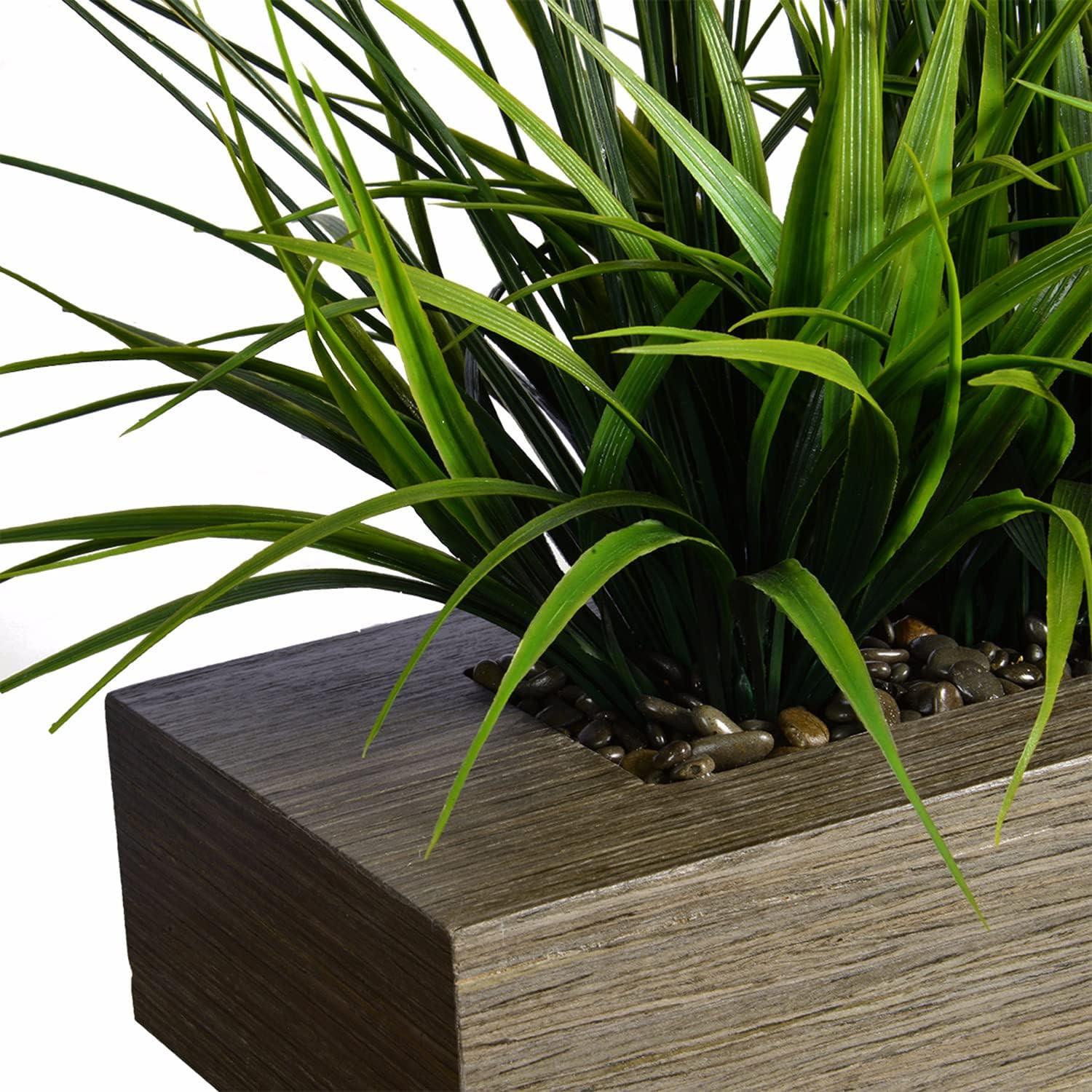 Artificial Faux Lifelike Plastic 13" Tall Green Grass In Wood Holder (Taupe)