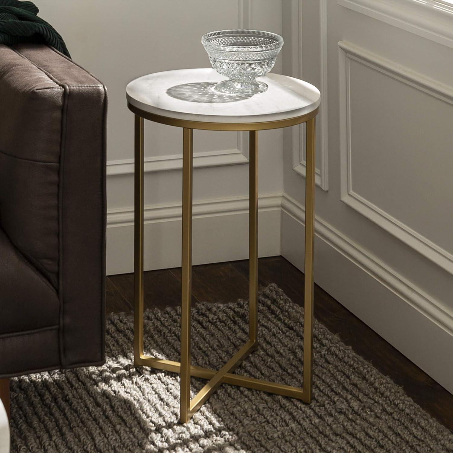 Walker Edison Cora Modern Faux Marble Round Accent Table with X Base, 2 pack, Marble and Gold