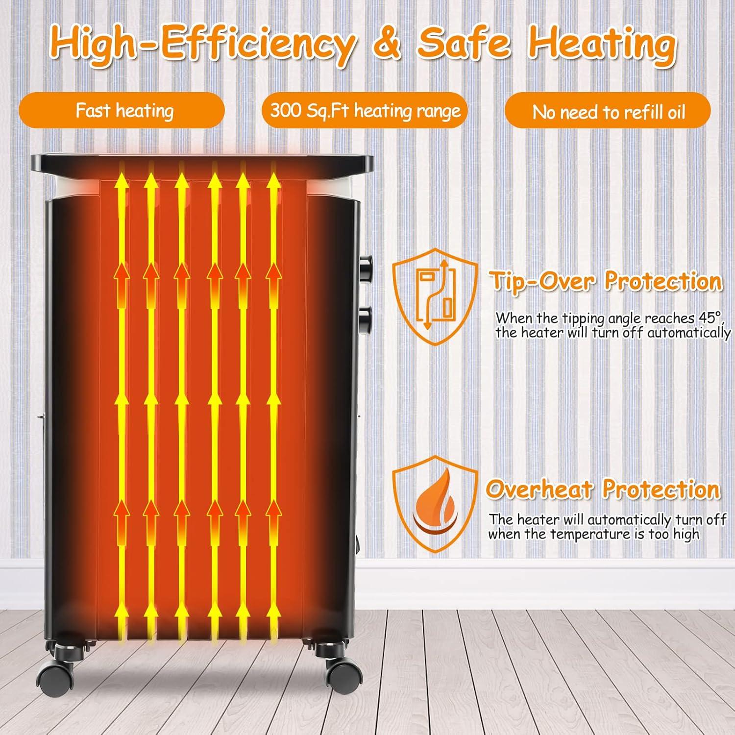 Resenkos Small Portable Room Heaters,Heater, Portable Heater,1500W Portable Oil Filled Radiator Heater with 3 Heat Settings-Black