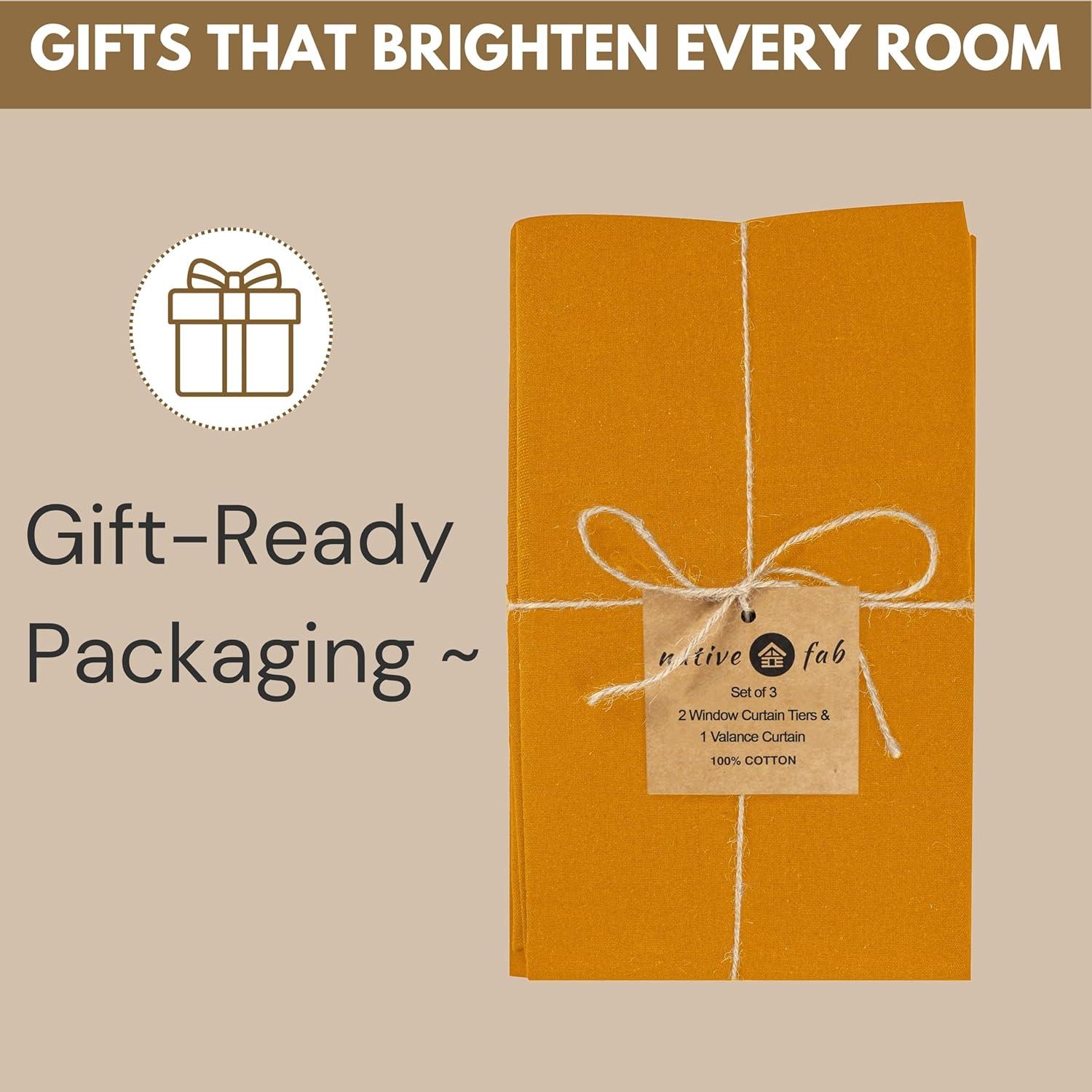 Native Fab 100% Cotton Kitchen Curtain Tiers Valance Set - Rod Pocket style 3 Pack - Mustard Yellow