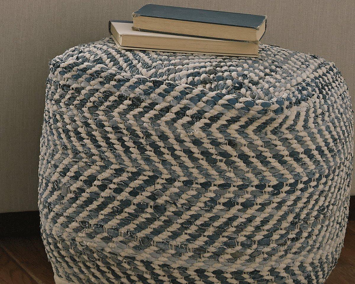 Signature Design by Ashley Chevron Pouf Blue: Modern Square Upholstered Ottoman, No Assembly Required