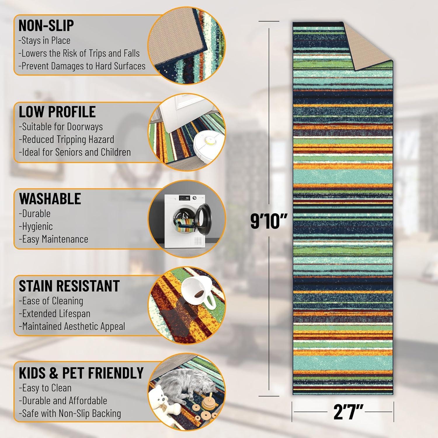 Multicolor Striped Non-Slip Synthetic Runner Rug, 2'7" x 9'10"