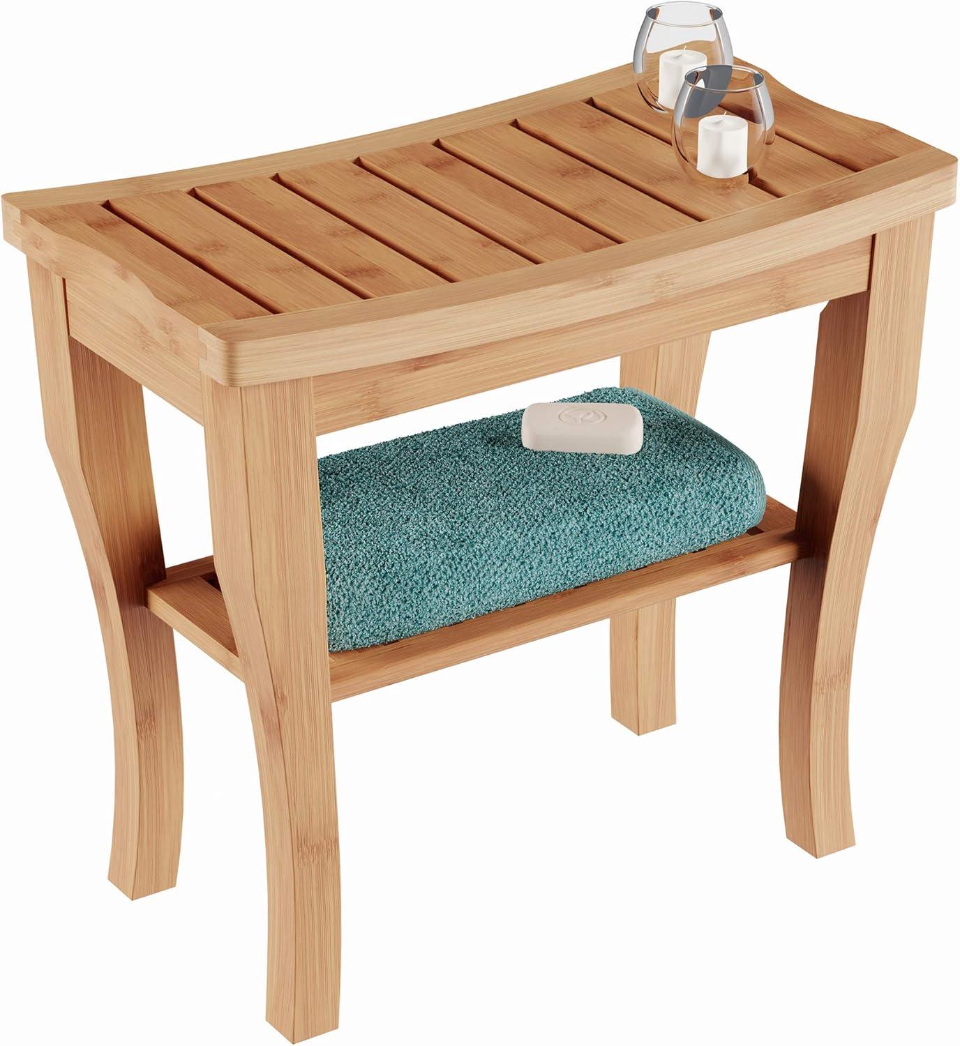 19" Wide Shower Bench-Water Resistant Natural Eco-Friendly Bamboo with Storage Shelf for Bathroom, Spa or Sauna