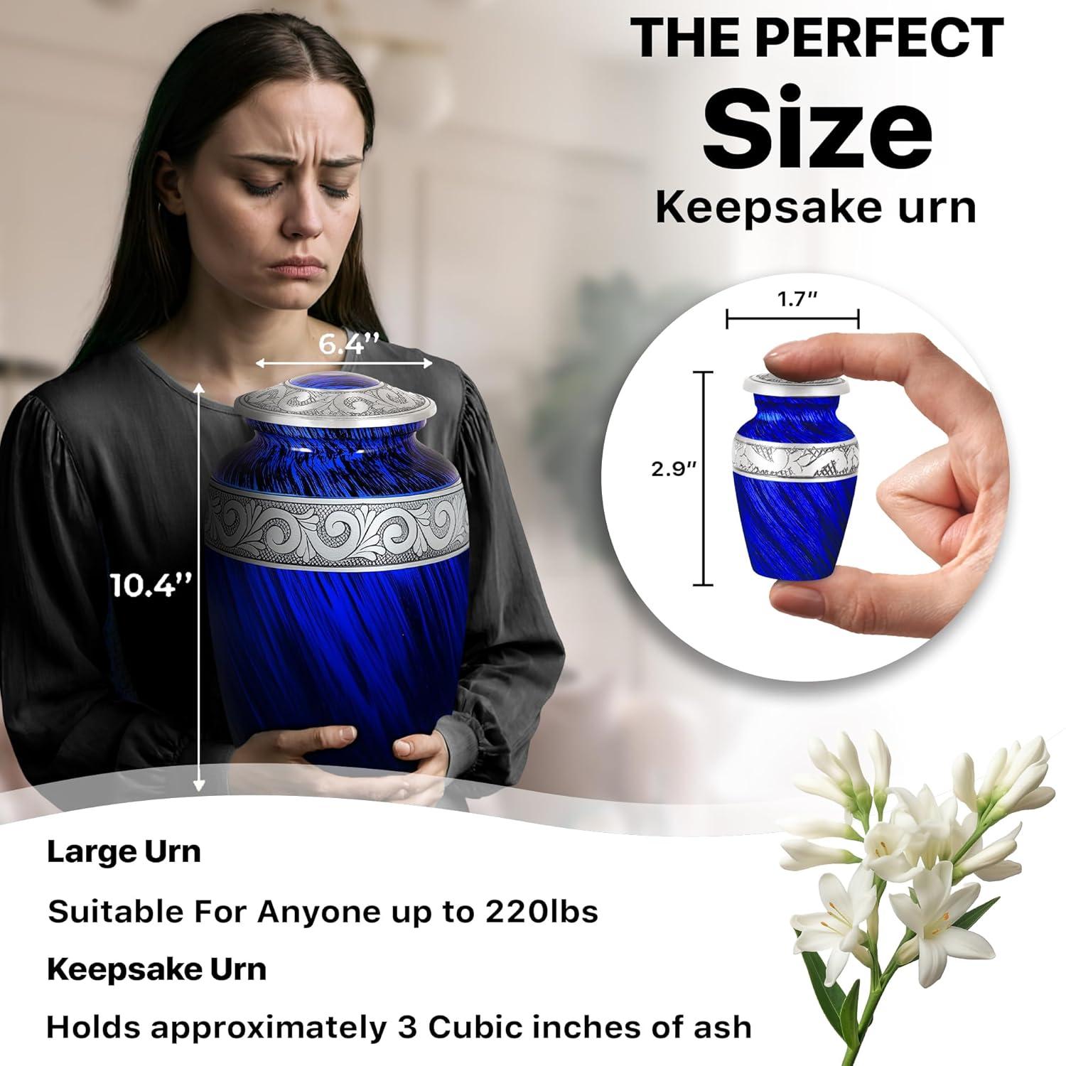 AmericUrn Set of 6 Urn for Ashes Adult Male with 1 Large Blue Urn 4 Small Keepsakes & 1 NecklaceUrn