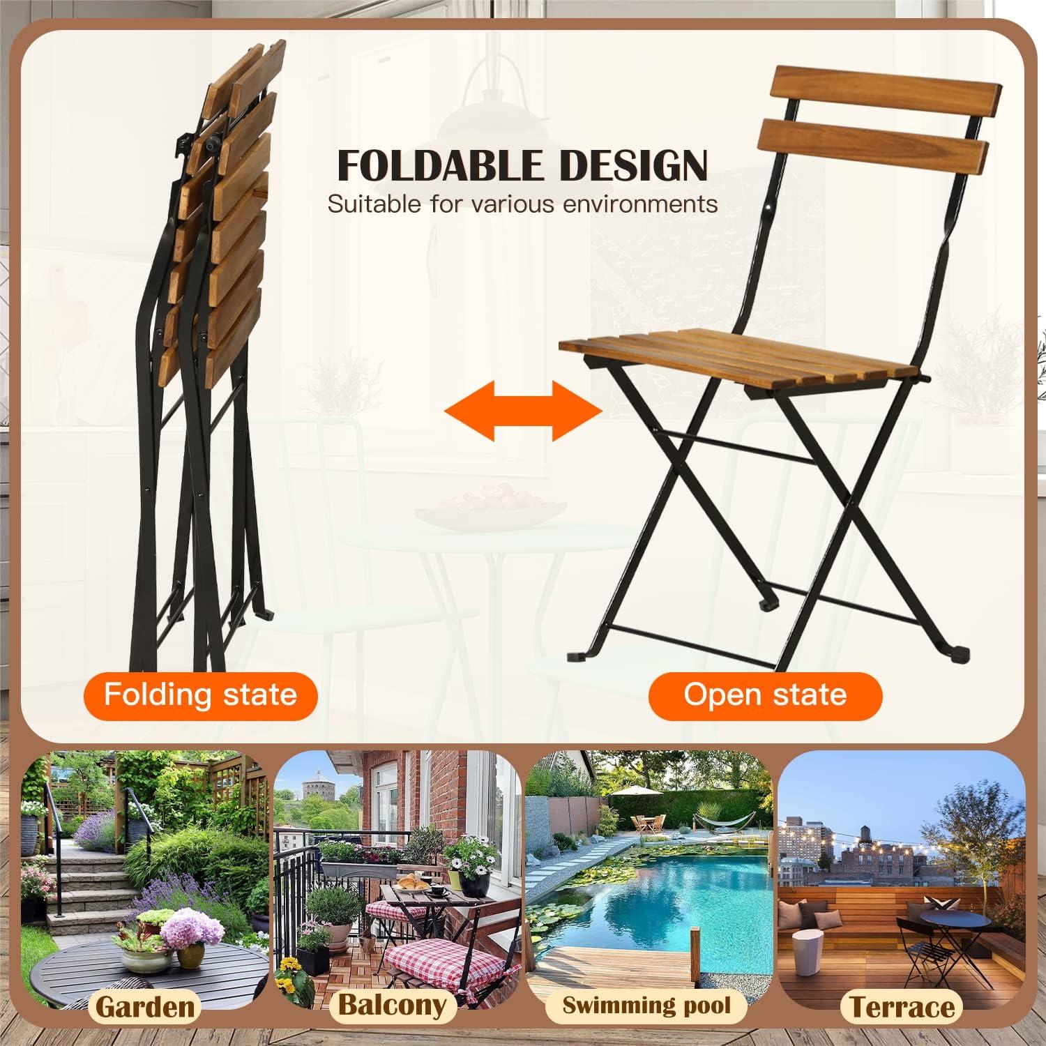 MKDLUFEI Outdoor Wood Folding Bistro Set Lightweight and Portable 3 Piece Patio Set Small Patio Furniture Set for Lawn Balcony Backyard Yard Bistro Apartment Nature…