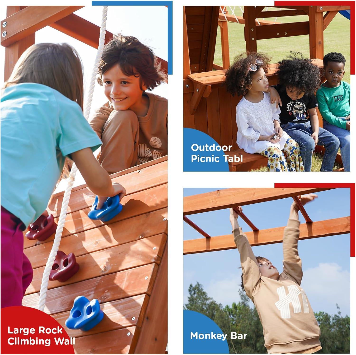 Dolphin Playground Dolphin Playground Luxury Cedar Playground Set: Double Wave Slide, 2-in-1 Table, Monkey Bars, Balance Beam, 3 Swings, Large Rock Wall, Wood Roof