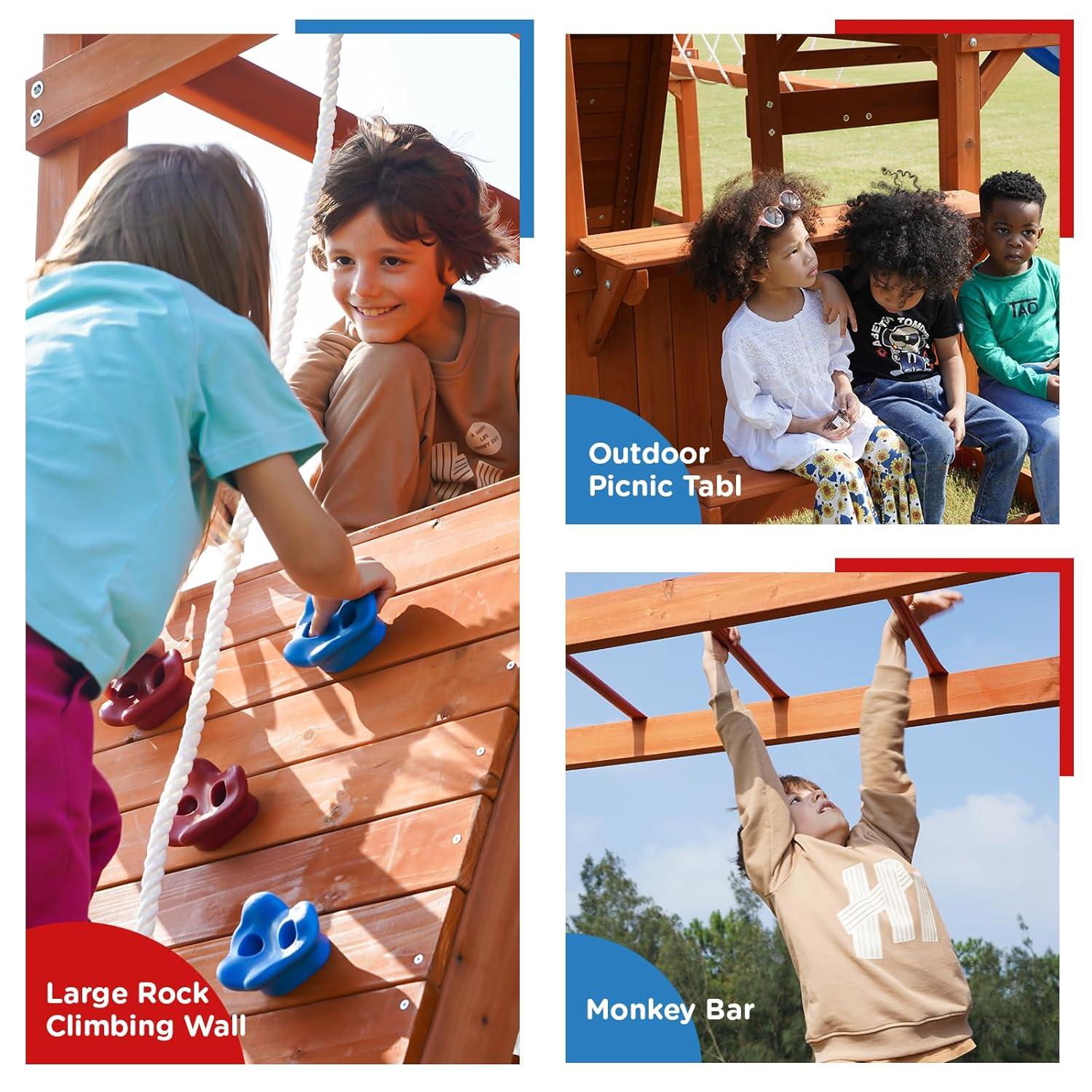 Dolphin Playground Dolphin Playground Luxury Cedar Playground Set: Double Wave Slide, 2-in-1 Table, Monkey Bars, Balance Beam, 3 Swings, Large Rock Wall, Wood Roof