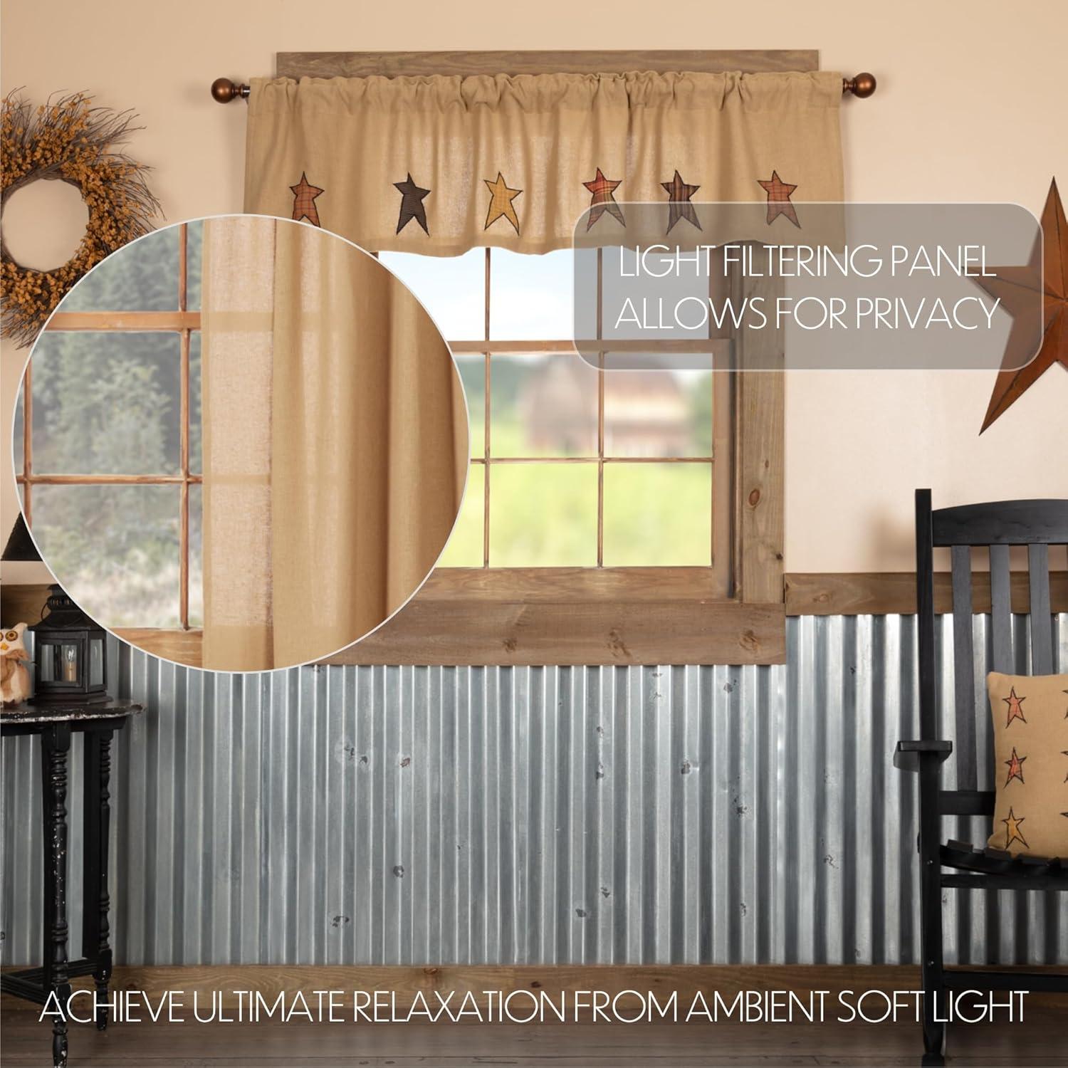 VHC Brands Stratton Primitive 16"x72" Stars Valance Tan Rod Pocket Appliqued Cotton Burlap Kitchen Window Curtains