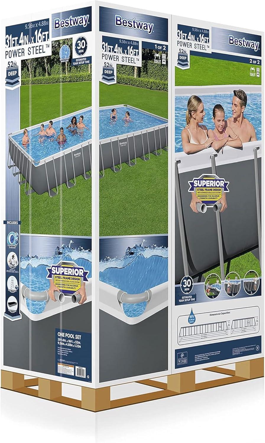 Bestway Power Steel Rectangular Metal Frame Above Ground Pool Set, Grey