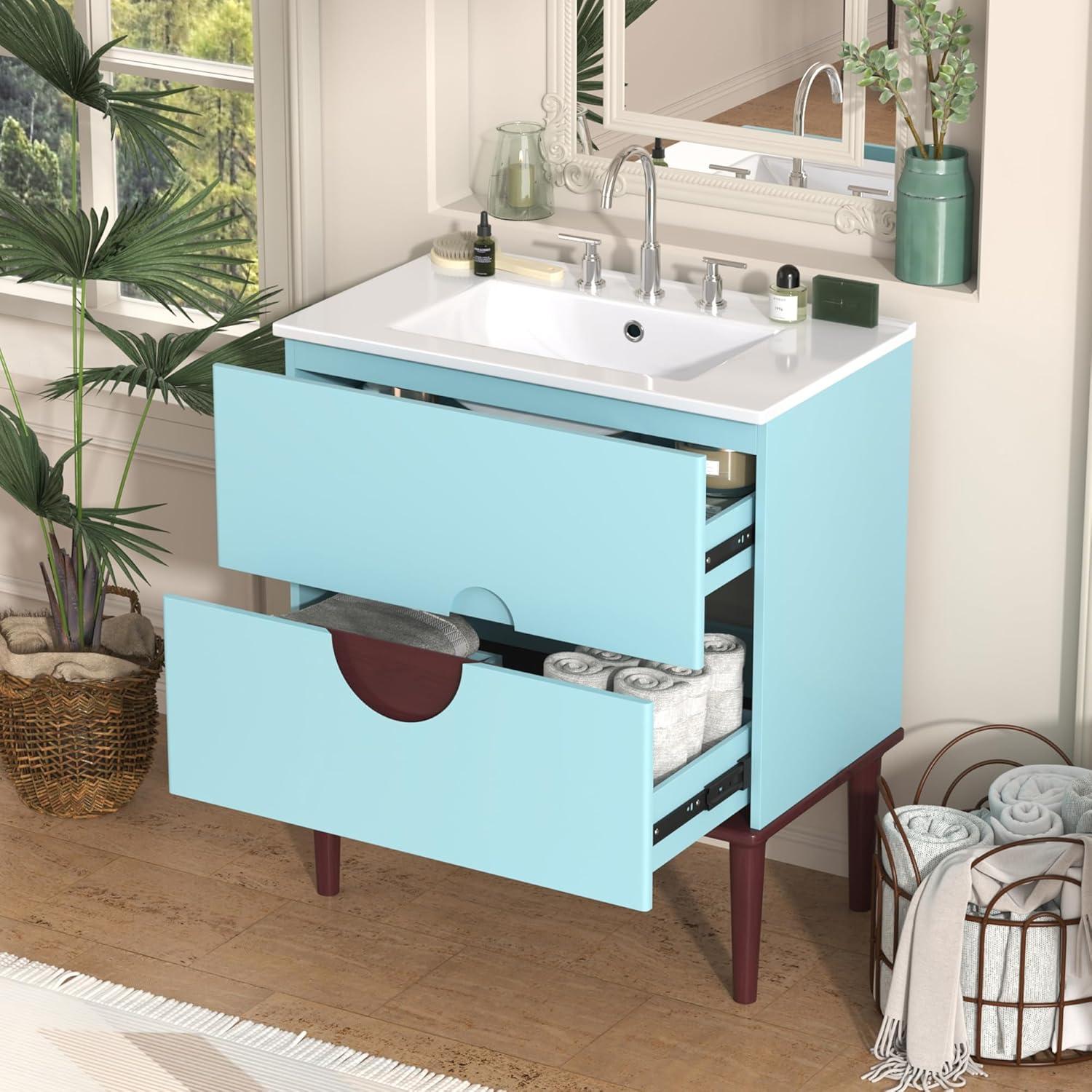 30 Inch Bathroom Vanity with Ceramic Sink, Modern Bathroom Storage Cabinet with Swirled Design, Vanities with 2 Drawers for Modern Minimalist Powder Room