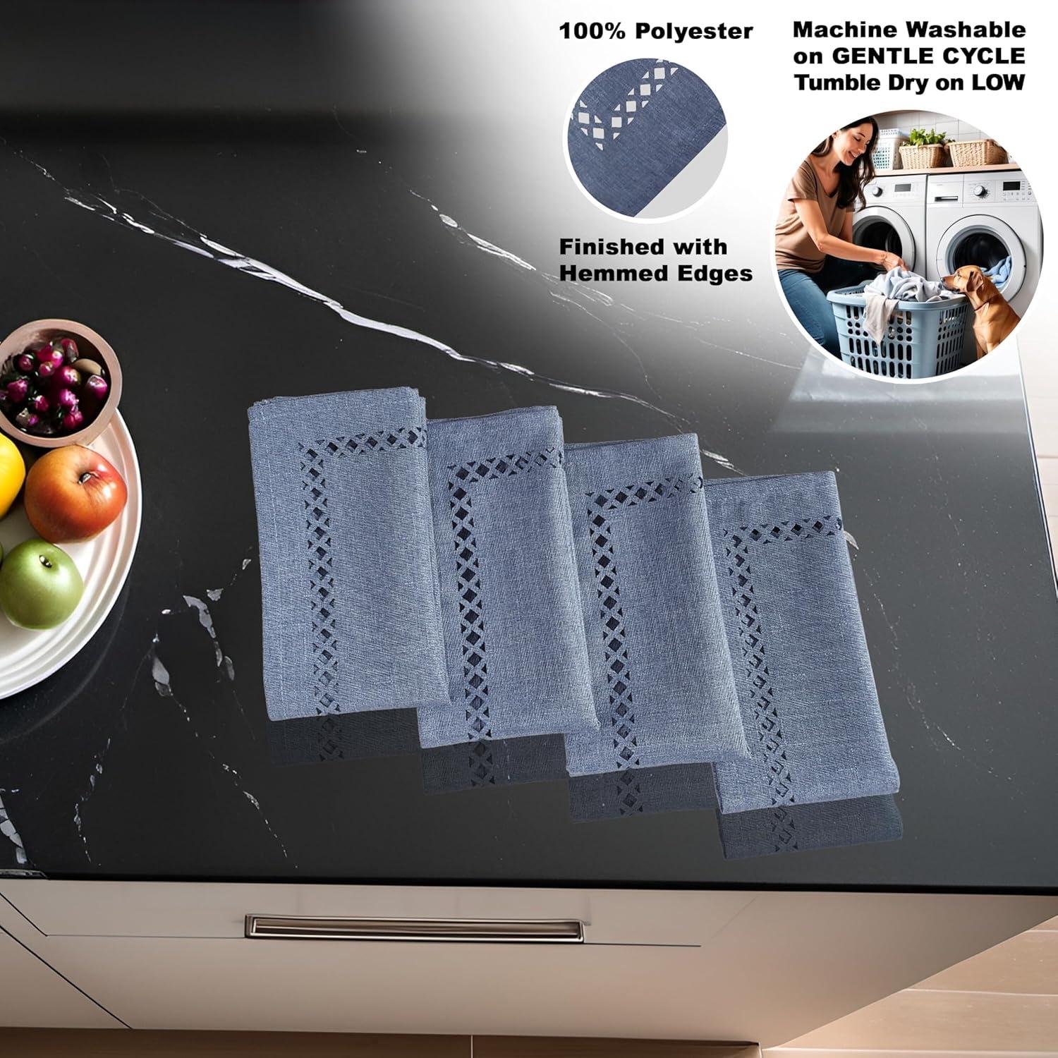 Wedgewood Blue Square Polyester Napkins Set with Lattice Cutwork