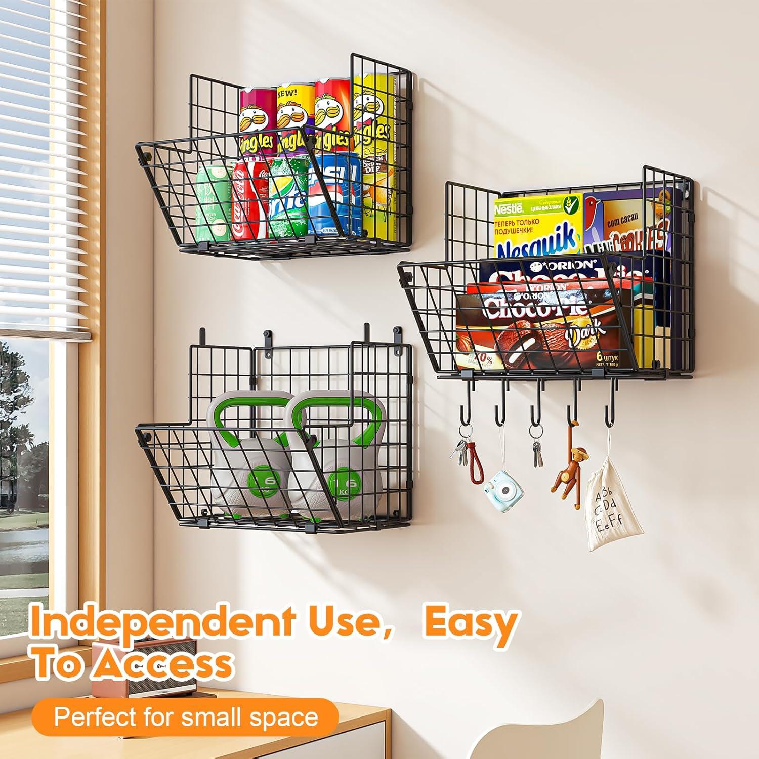 VOMGEB1 3-Tier Wall-Mounted Metal Wire Basket Organizer with 5 S Hooks