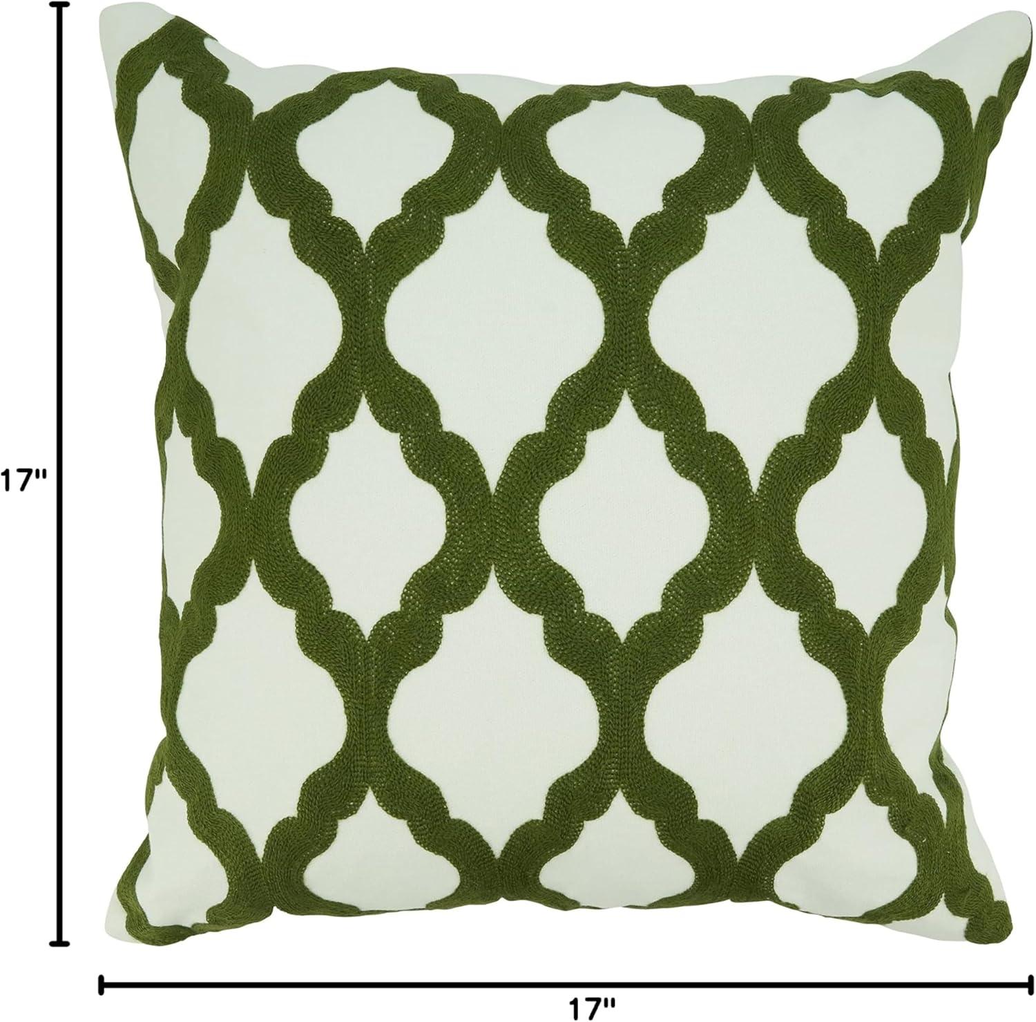 Green and White Cotton Embroidered Square Throw Pillow