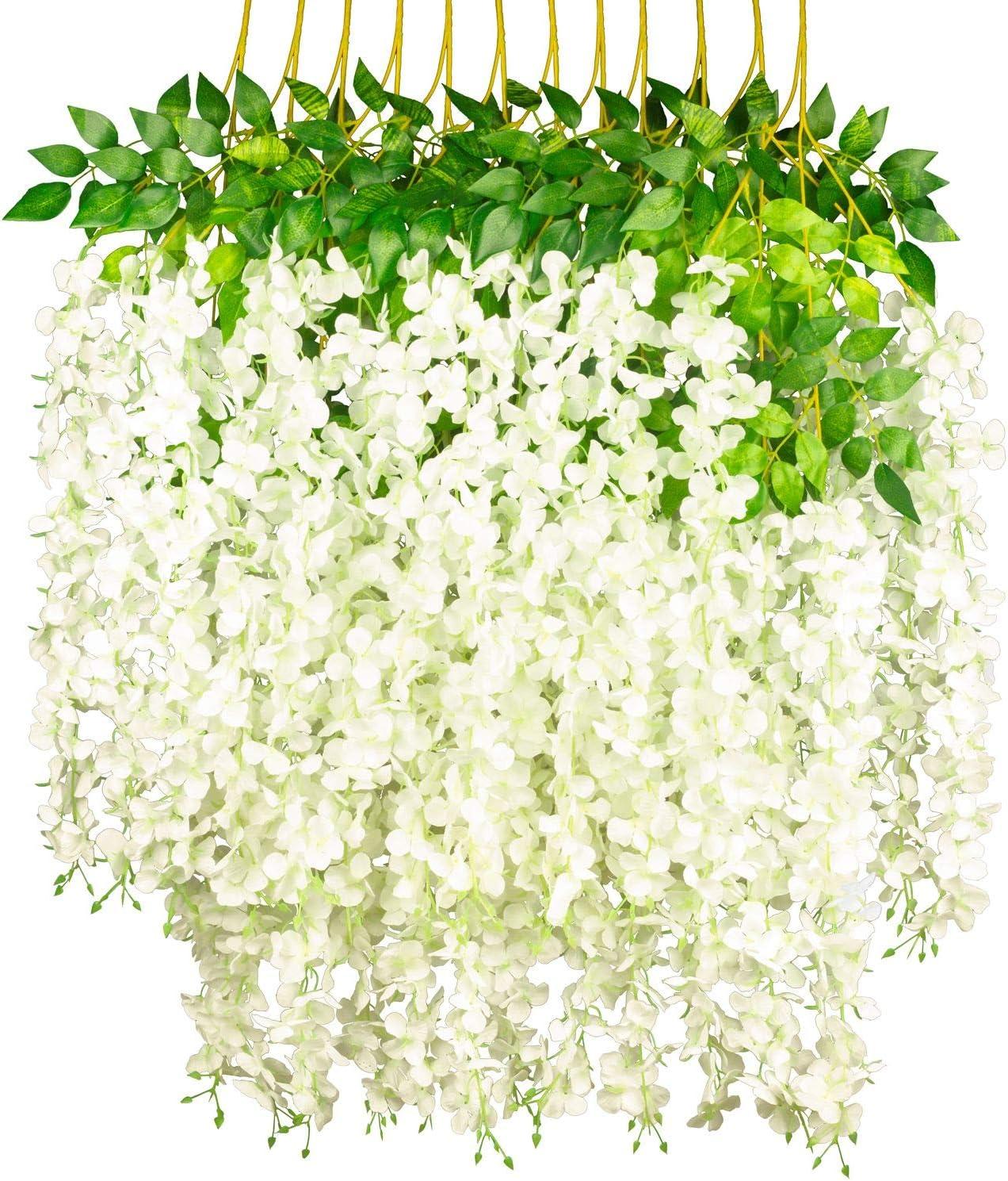 GPARK 12 Pack /45 inch /3.7ft Wisteria Hanging Artificial Flowers Fake Bushy Silk Vine Garland String for Wedding Party Garden Greenery Home Wall Deco Milk White