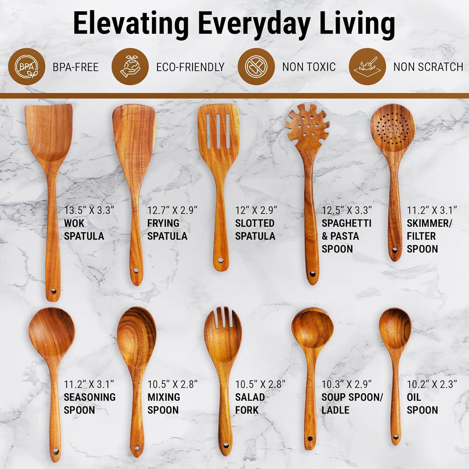 Wooden Spoons for Cooking, 10 Pcs Teak Wood Cooking Utensil Set ‚ Wooden Kitchen Utensils for Nonstick Pans & Cookware ‚ Sturdy, Lightweight & Heat Resistant