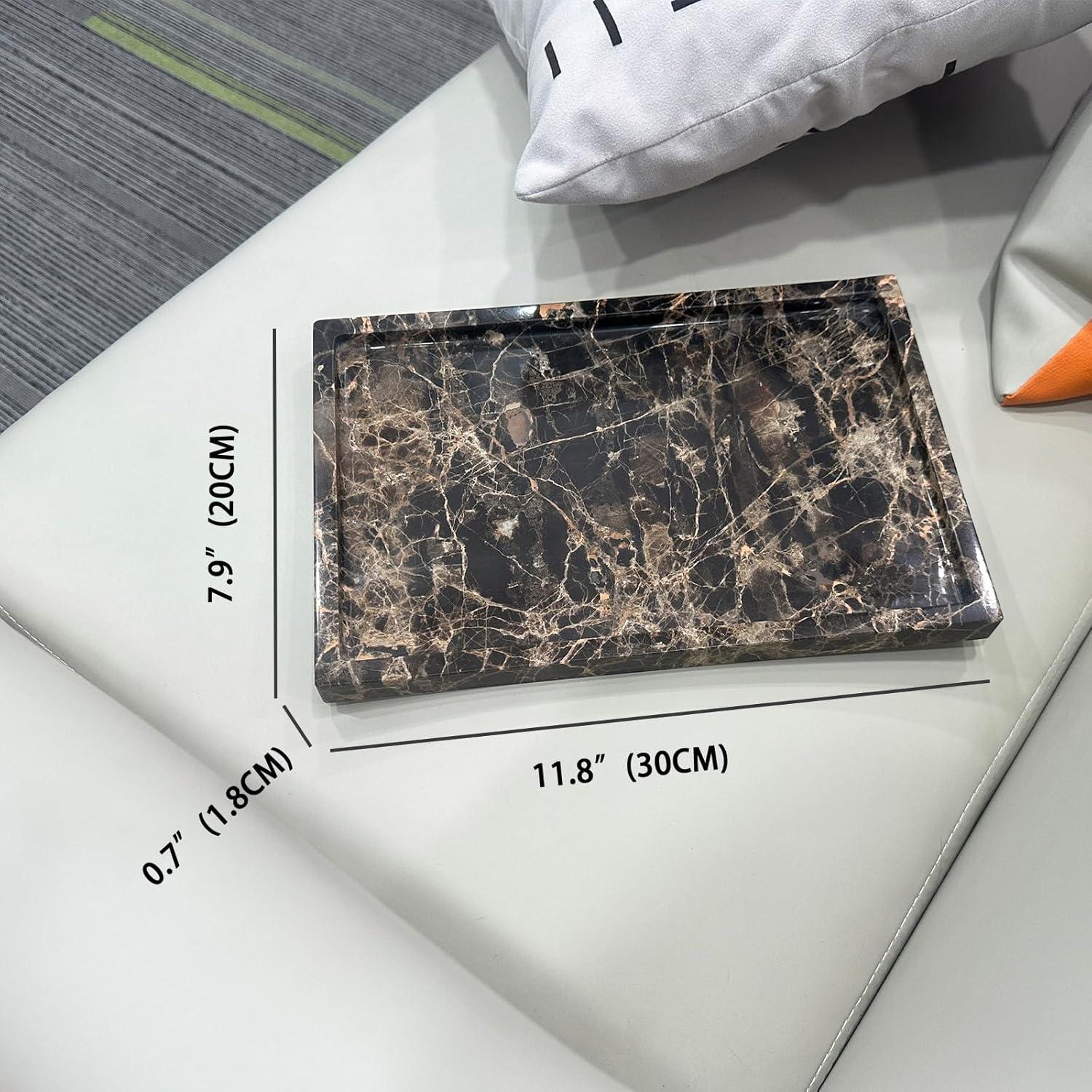 Natural Marble Tray for Bathroom Countertop, Dark Brown Marble Stone Tray for Kitchen Counter (Coffee Net, 12" x 8")