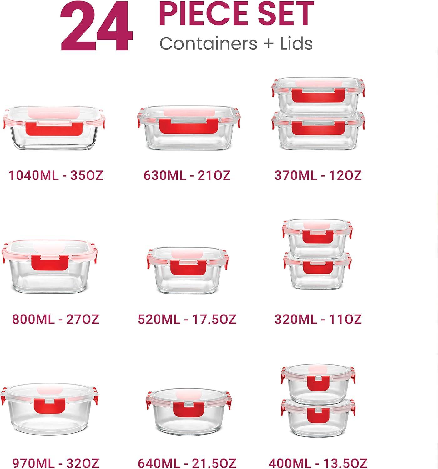 FineDine 24 Piece Glass Storage Containers with Lids - Leak Proof, Dishwasher Safe Glass Food Storage Containers for Meal Prep or Leftovers, Red