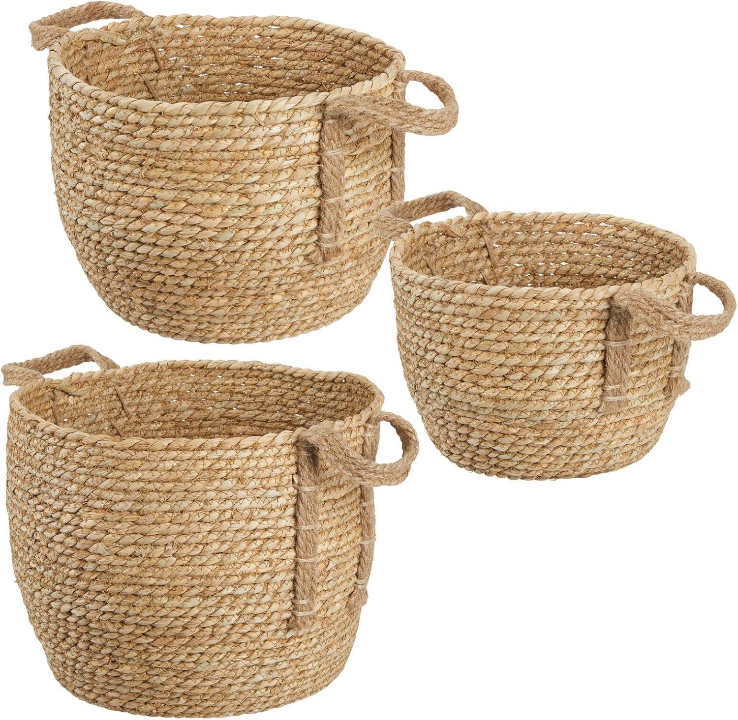 Natural Seagrass Round Storage Basket Set with Jute Handles