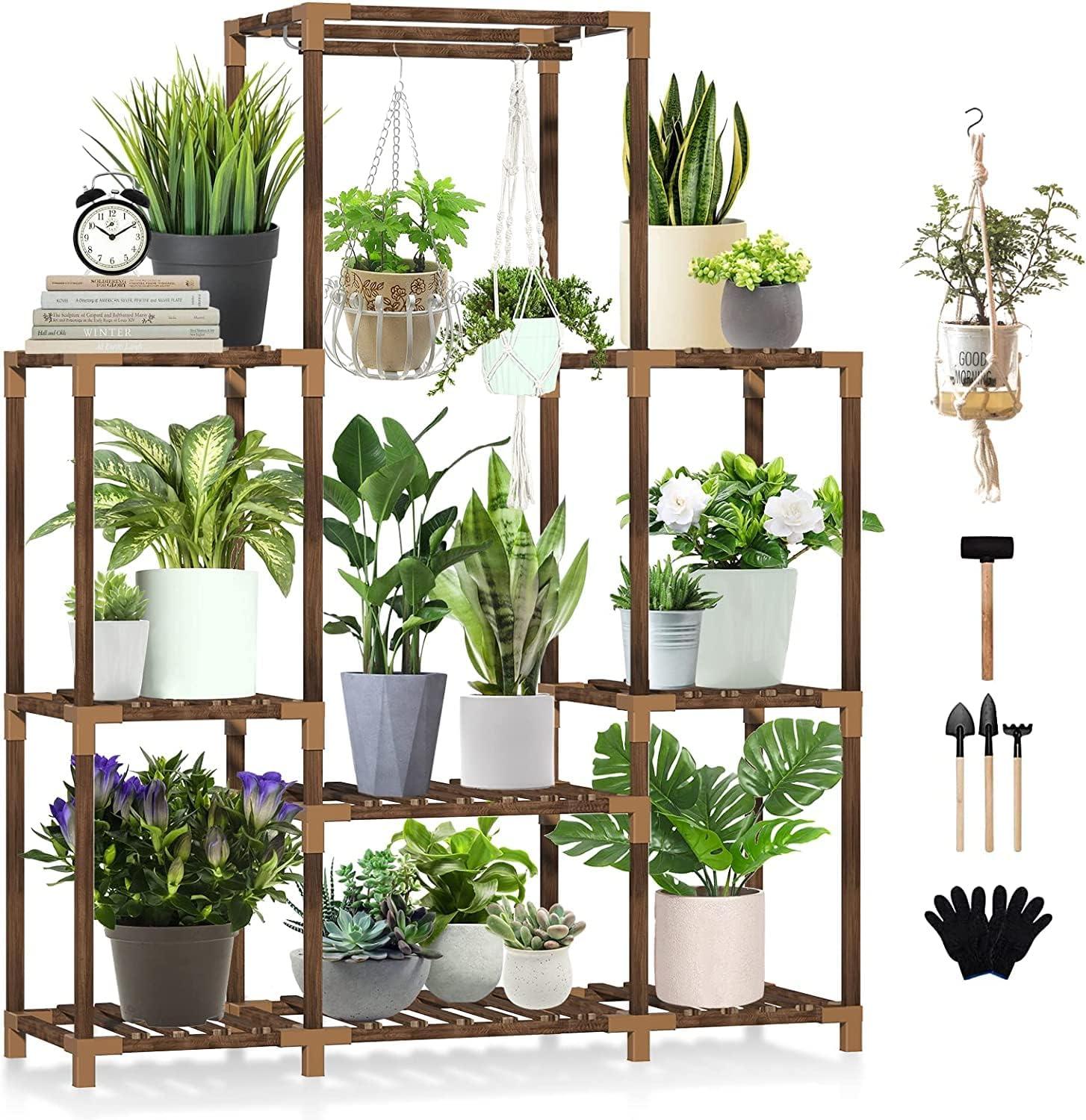 Tall Brown Pine Wood 8-Tier Indoor/Outdoor Plant Stand