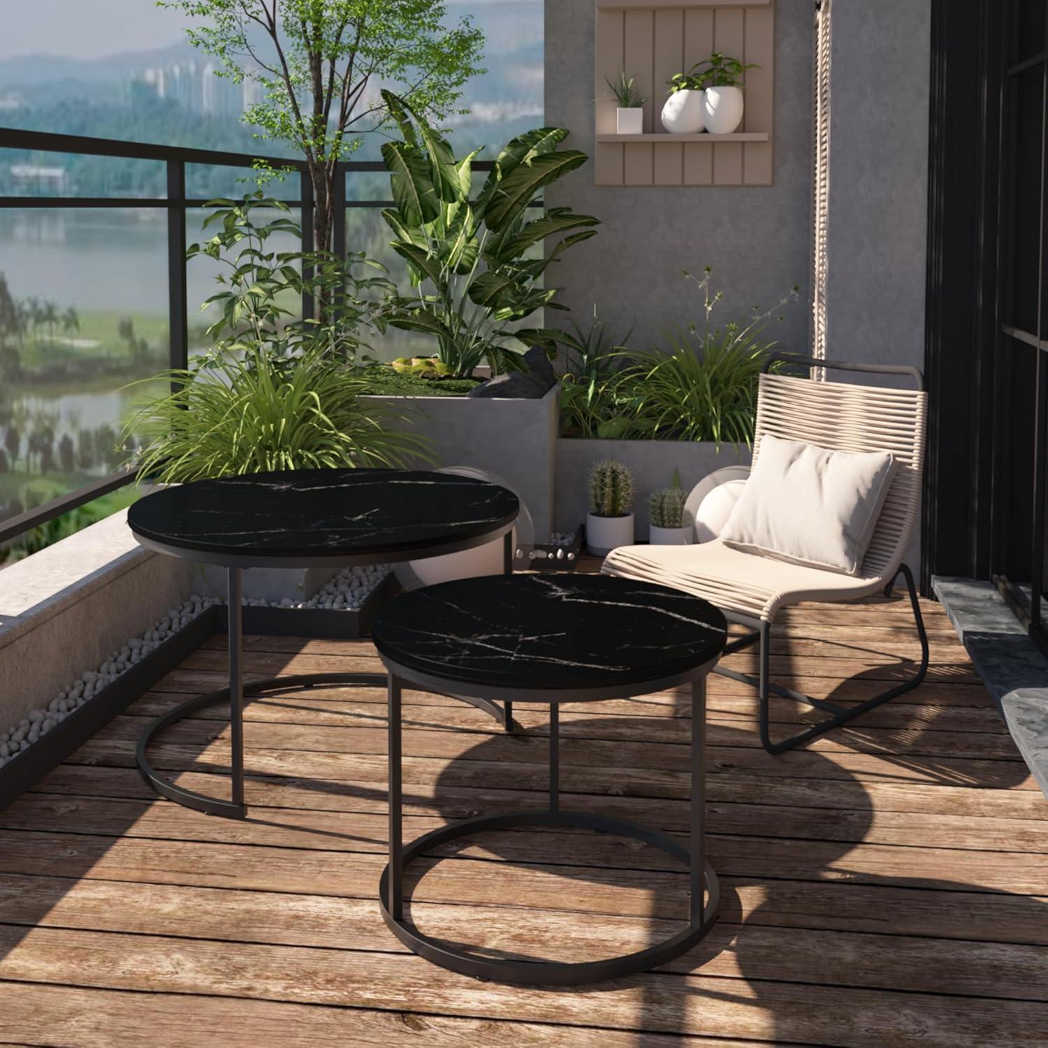 Yesfashion Nesting Coffee Table Set Of 2, 27.6" Round Coffee Table Wood Top With Sturdy Metal Frame, End Table Side Tables For Living Room Bedroom Balcony Yard