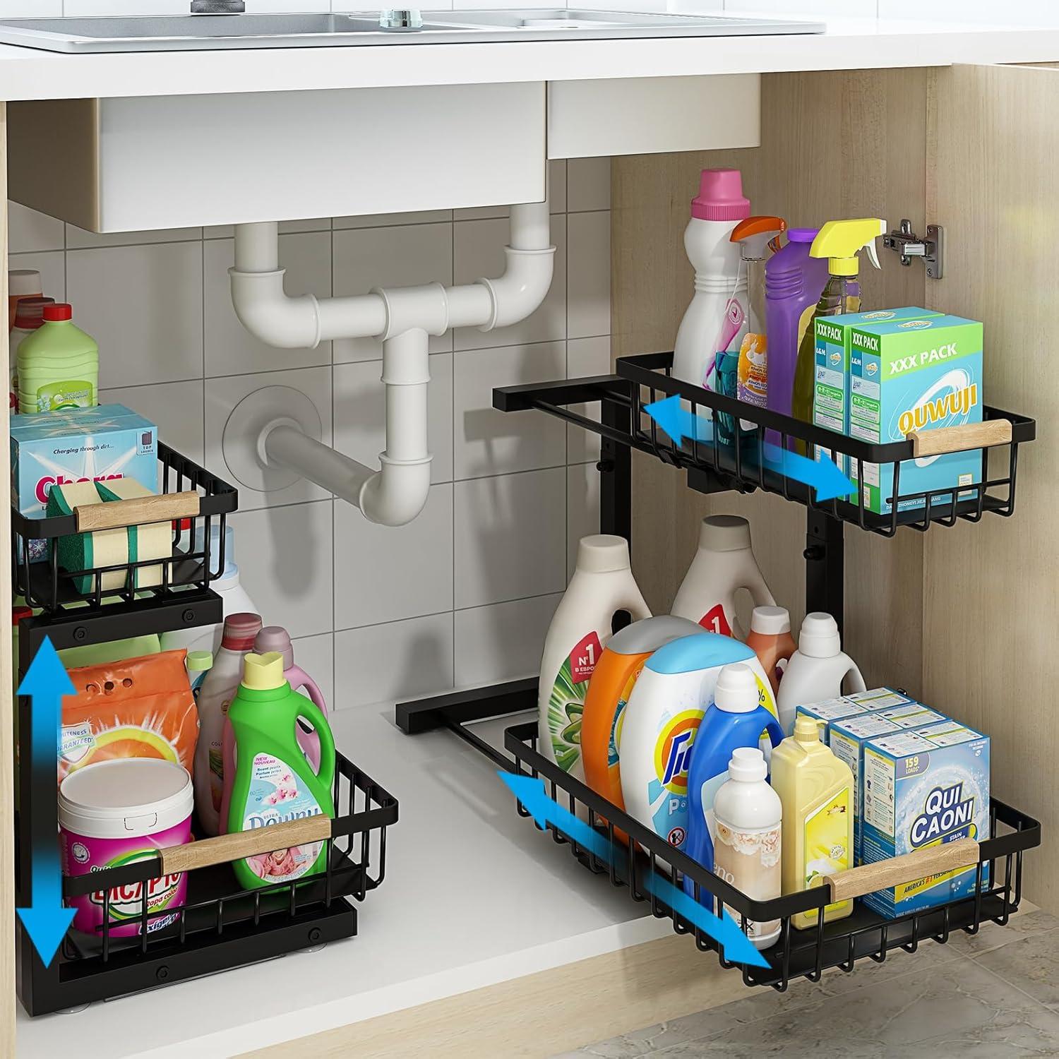 Rebrilliant Under Sink Organizer, 2 Tier Under Sink Organizers And Storage, Metal Slide Out Pull Out Cabinet Organizer ,2 Pack Sliding Drawer Organizer For Kitchen Bathroom Pantry