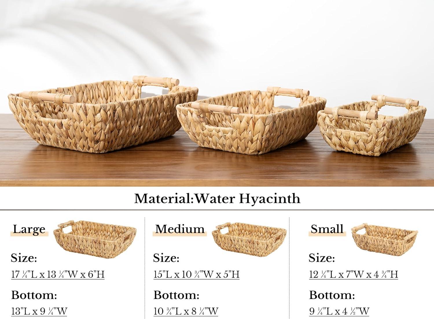 Natural Water Hyacinth Wicker Storage Baskets with Wooden Handles, 2-Pack