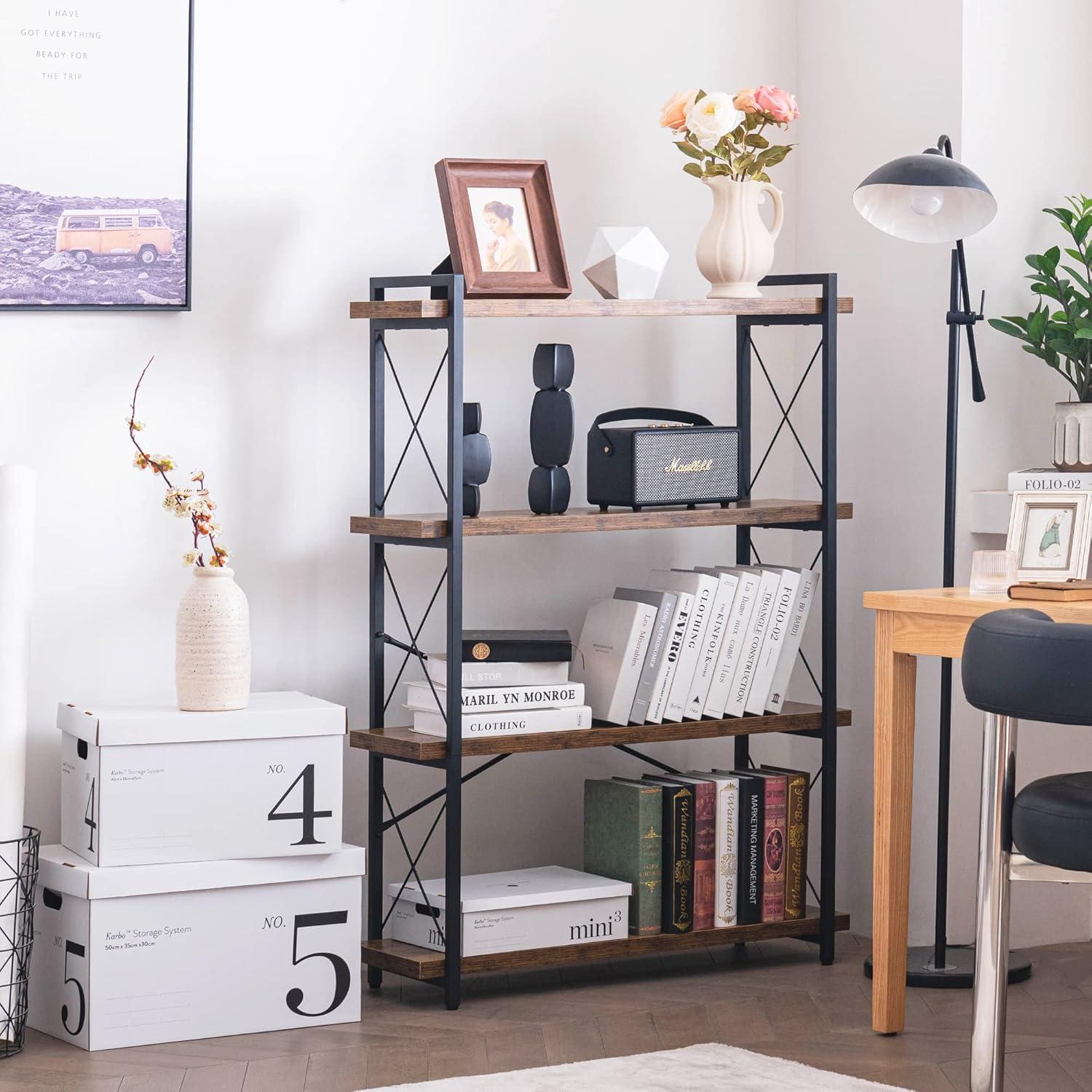 Rustic Brown 4-Tier Wood and Metal Barrister Shelf