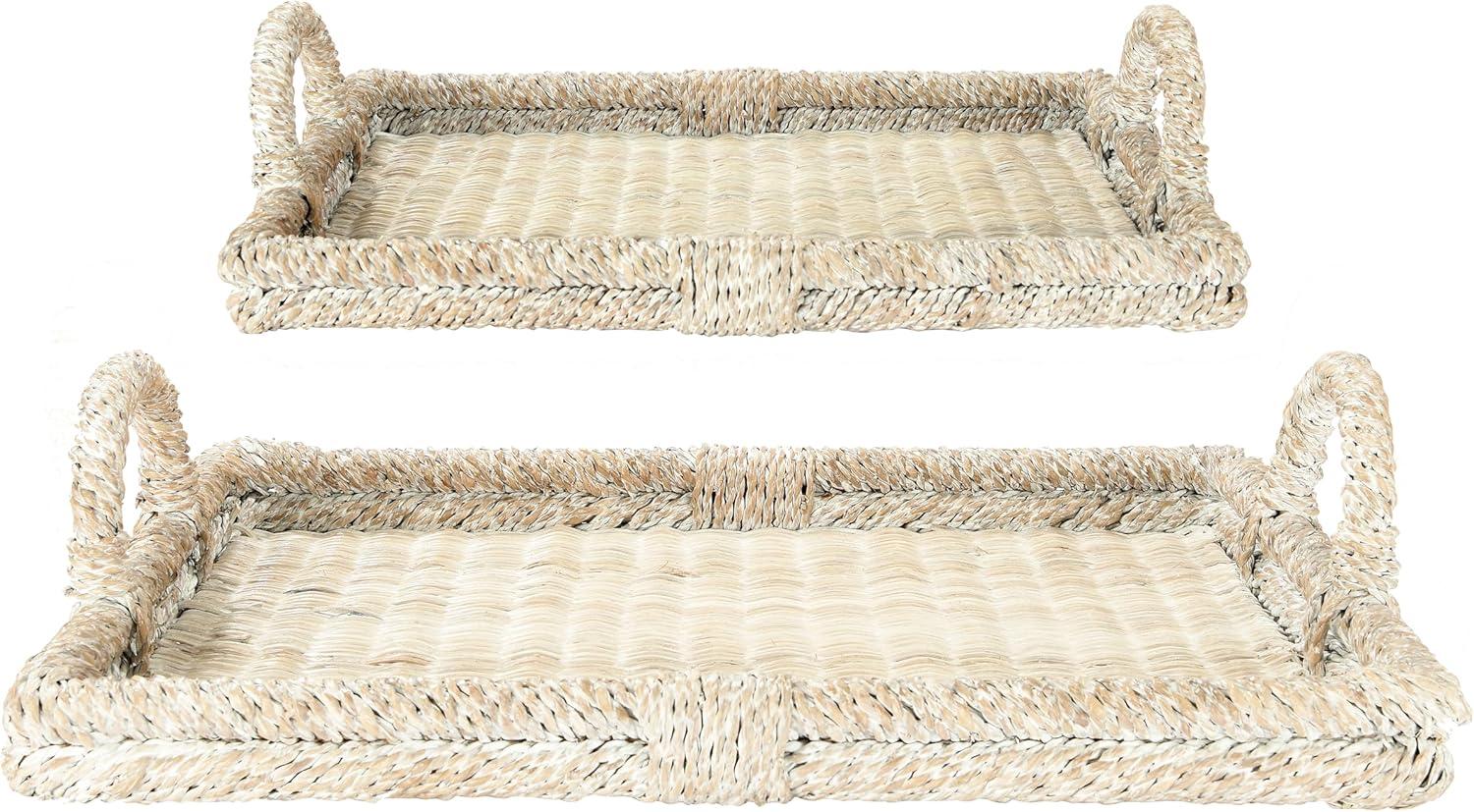 Creative Co-Op Decorative Rattan Trays with Handles & Whitewashed Finish (Set of 2 Sizes)