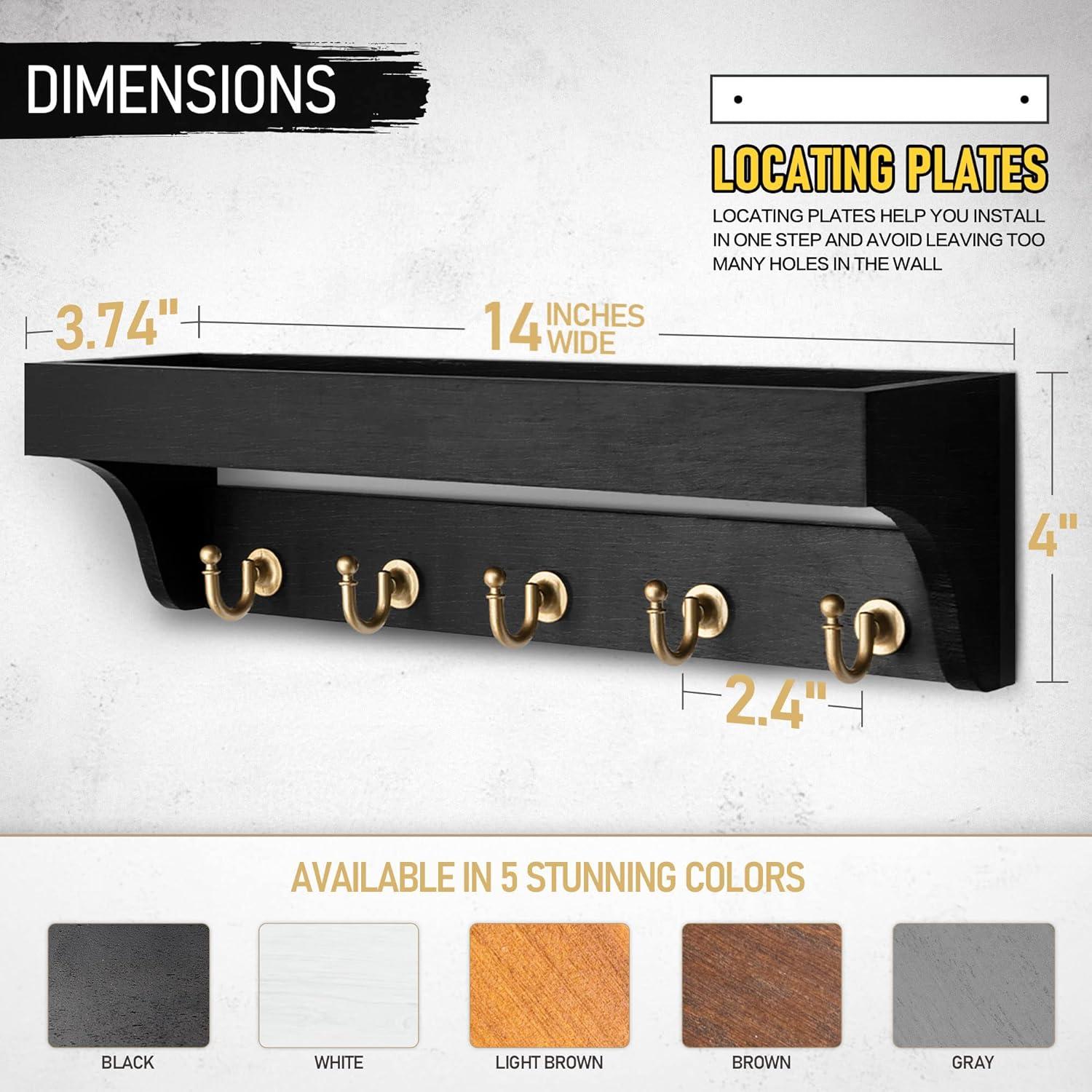 Rebee Vision Decorative Key Holder Wall Mount with Shelf - Modern Mail Organizer with 5 Key Hooks (Black)