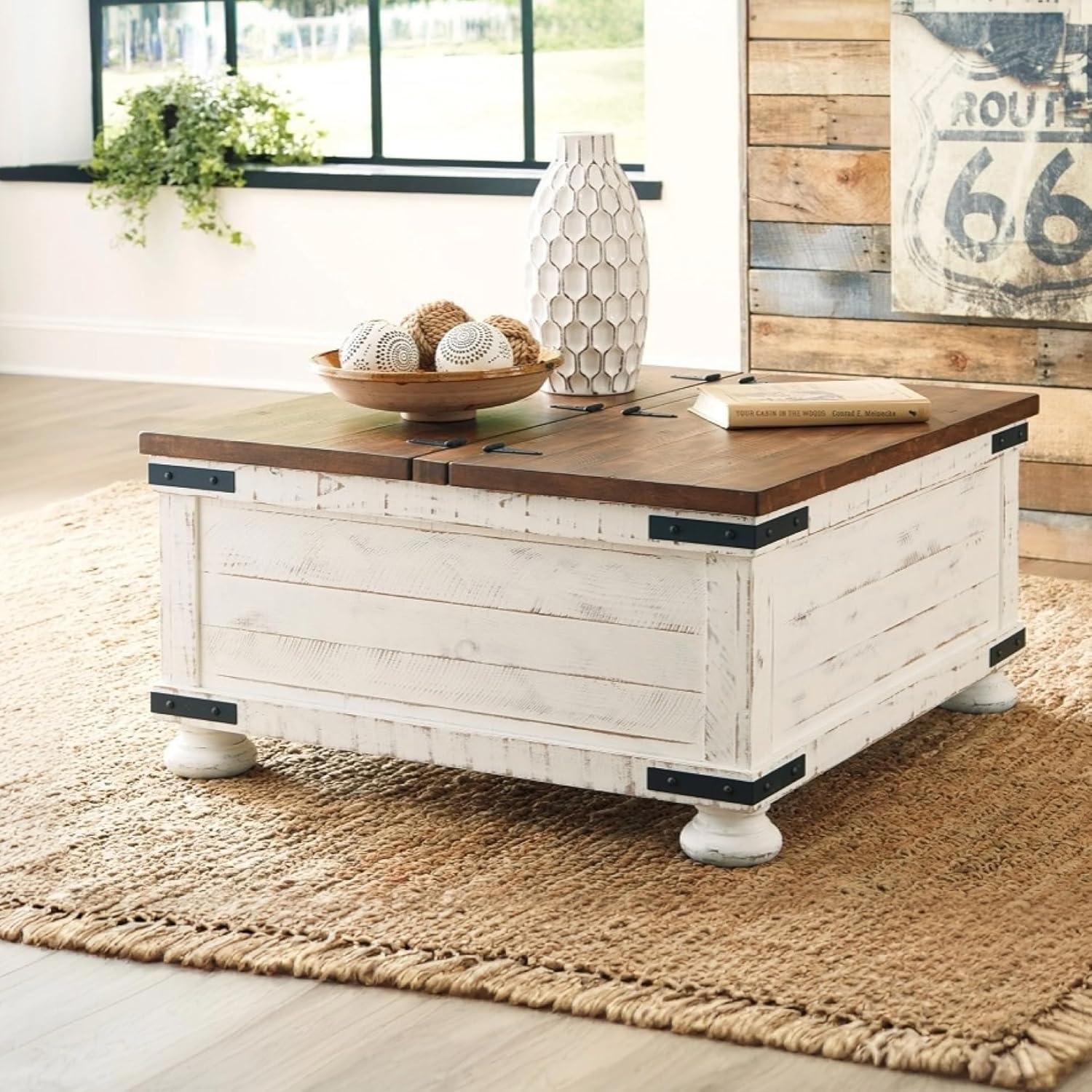 Wystfield Cocktail Table with Storage White/Brown - Signature Design by Ashley: Rectangular Lift-Top, Distressed Two-Tone Finish