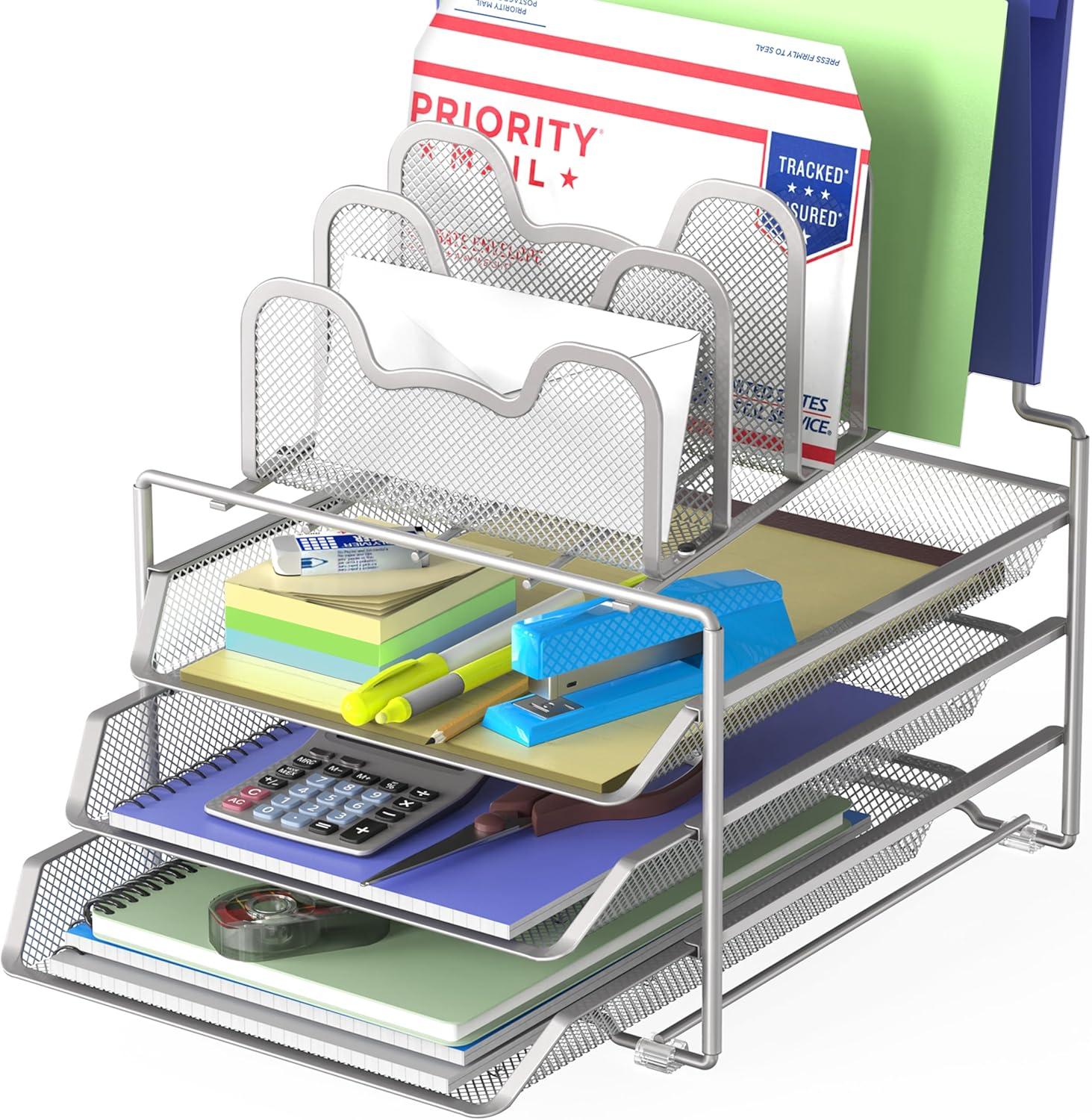Simple Houseware Desk 3 Sliding Tray and 5 Stacking Section Organizers, Silver