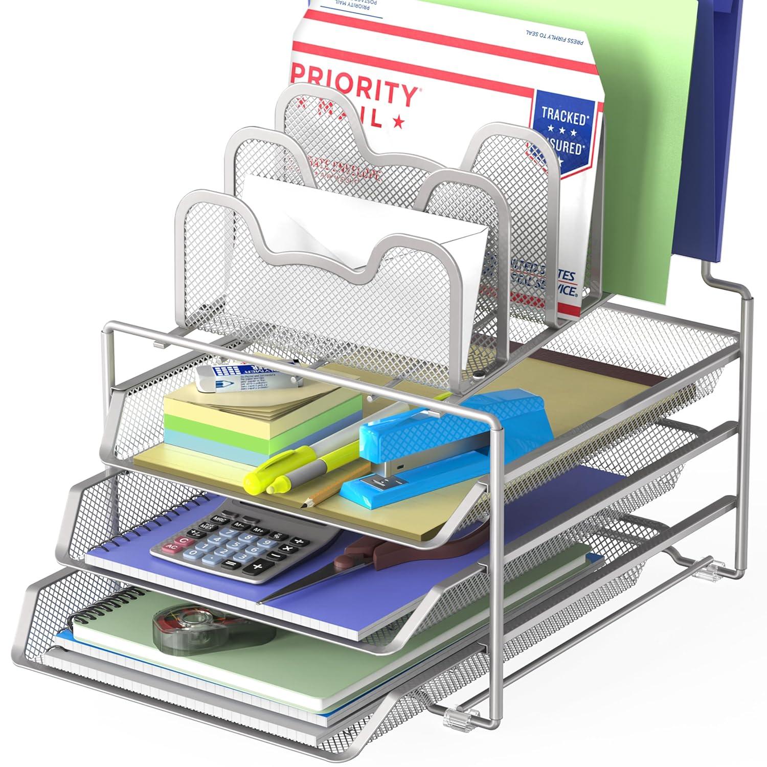 Simple Houseware Desk 3 Sliding Tray and 5 Stacking Section Organizers, Silver