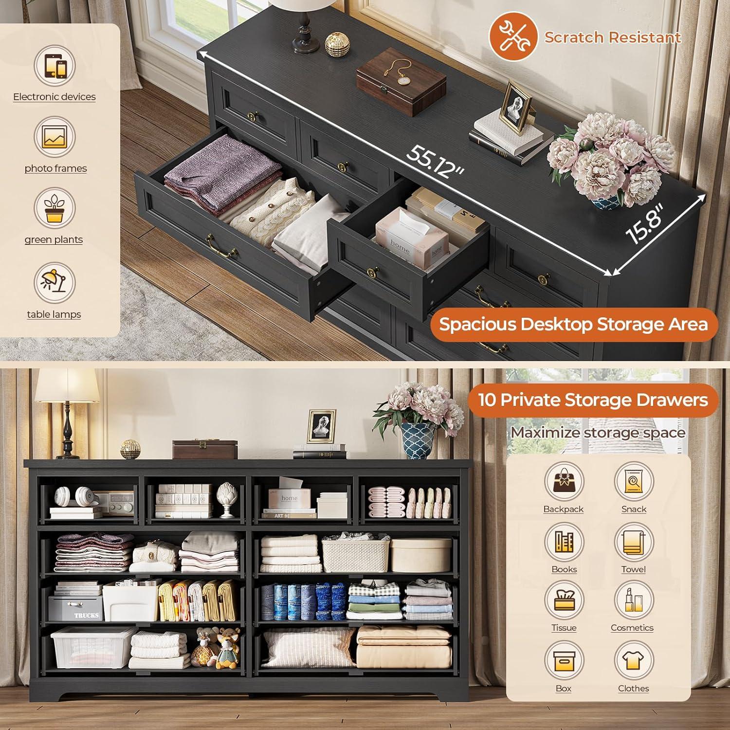 Winston Porter Farmhouse Dresser With 10 Drawers For Bedroom, Wide Dresser Chest Of Drawers, Rustic Wood Storage Dresser With Deep Drawers And Vintage Handle, Large Dresser For Bedroom, Closet, Hallway