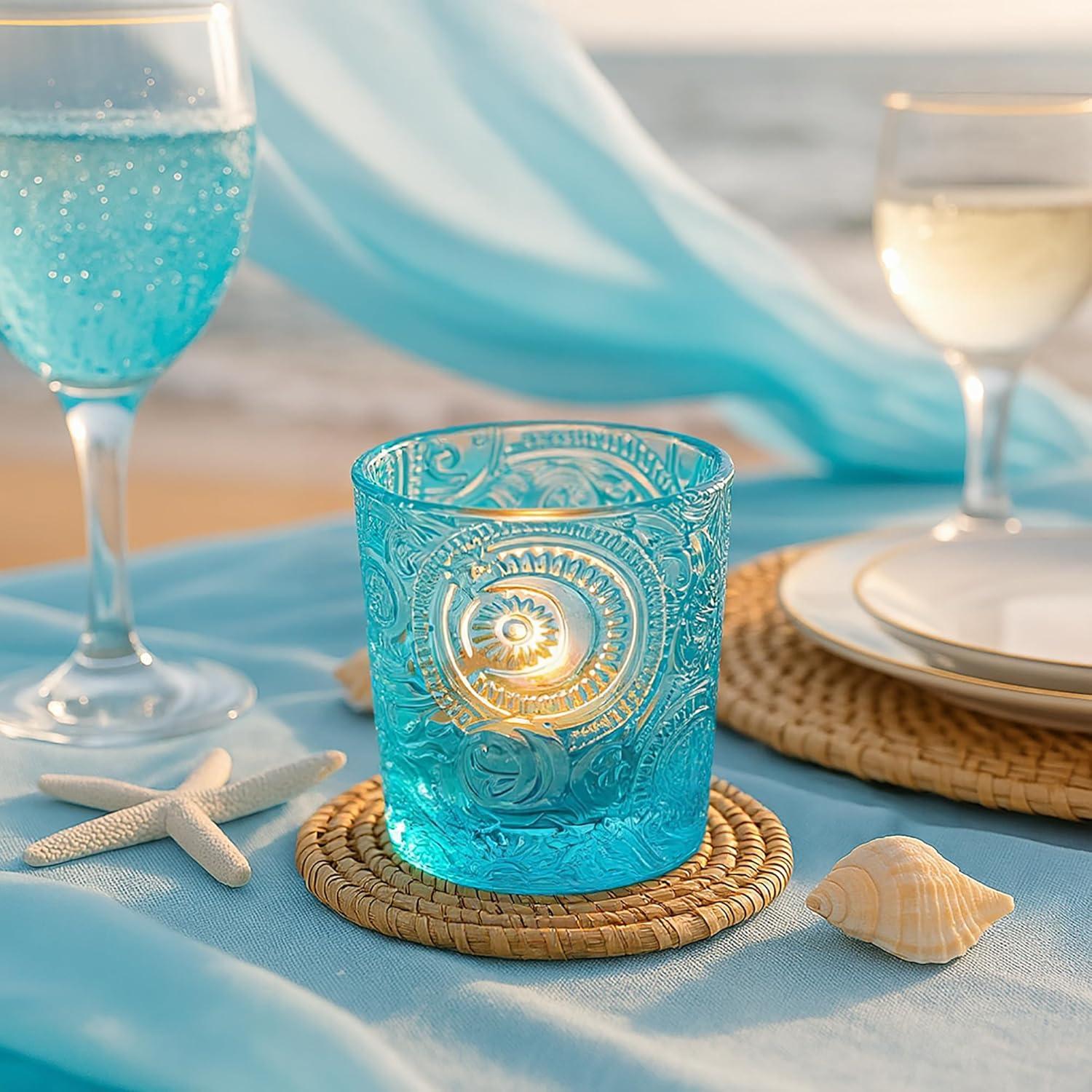 6 Pack Sun Moon Star Embossed Glass Tea Light Candle Holders - Votive Candle Holders for Wedding, Party, Home Decor, and Table Centerpieces (Aqua Blue)