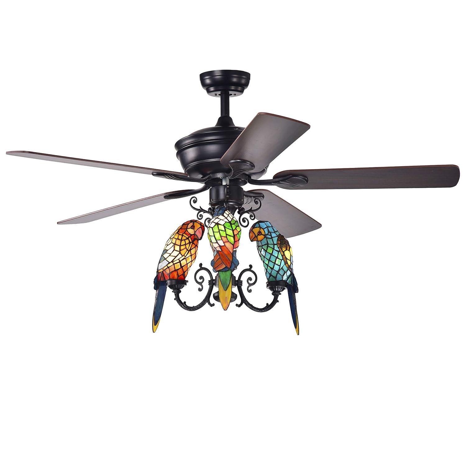 Korubo 3-light 52-inch Lighted Ceiling Fan Tiffany Style Parrot Shades (remote controlled)