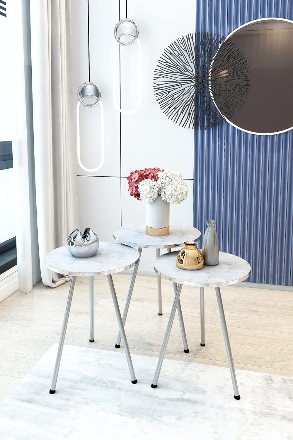 White Marble and Silver Round Nesting End Tables, Set of 3