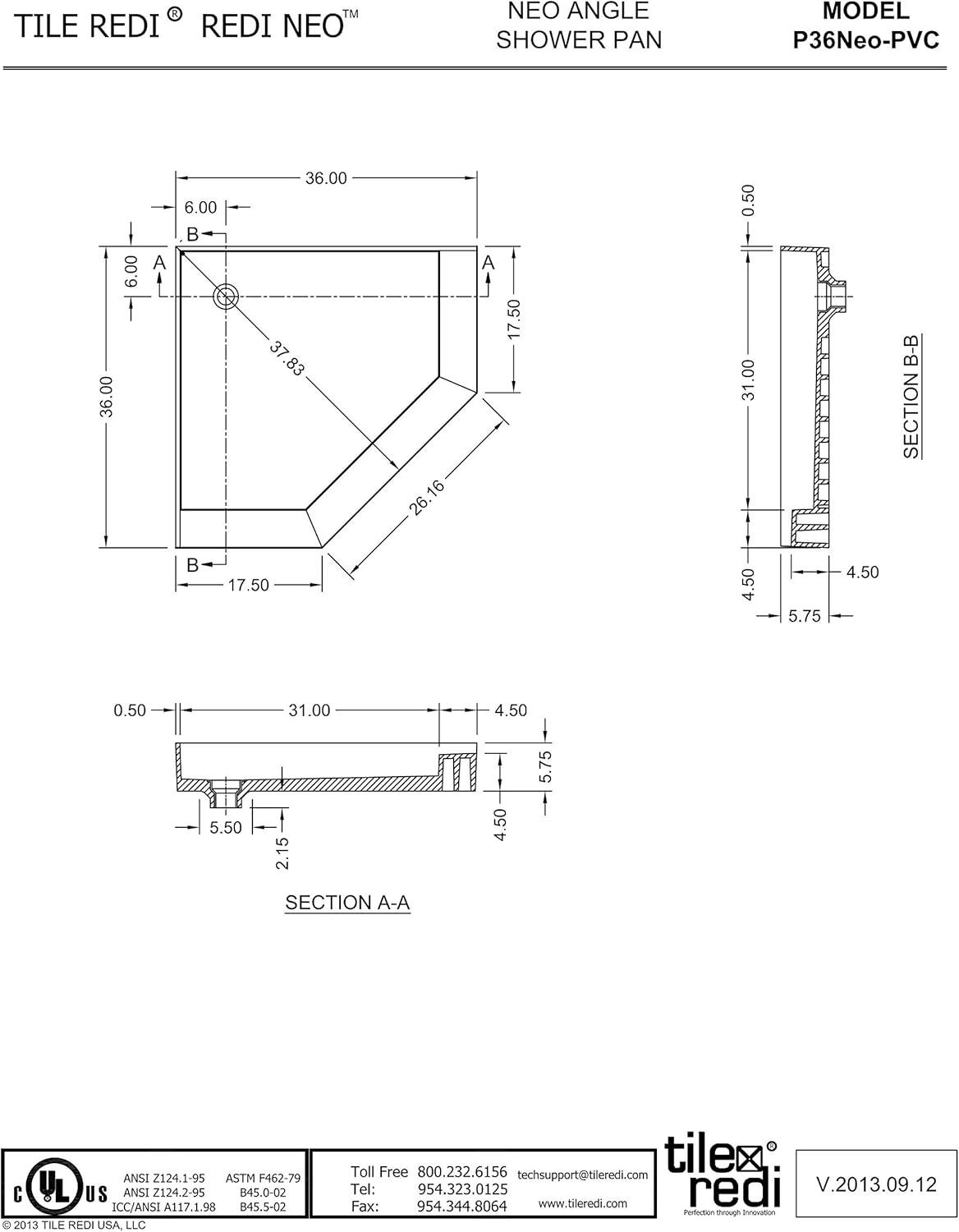 Tile Redi P36neo-Pvc Redi Neo 36" X 36" Neo-Angle Shower Base - Chrome