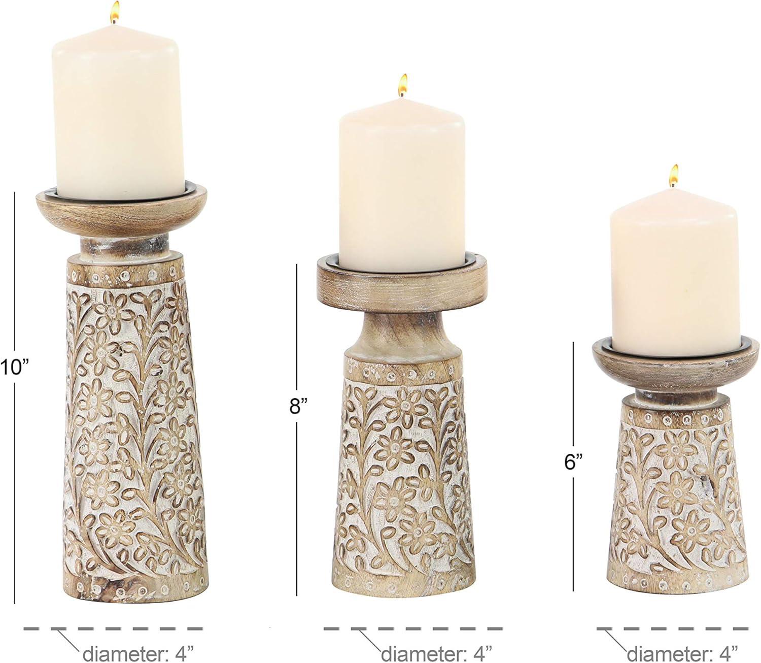 DecMode 3 Candle Brown Mango Wood Handmade Floral Carved Pillar Candle Holder with Cream Accents, Set of 3