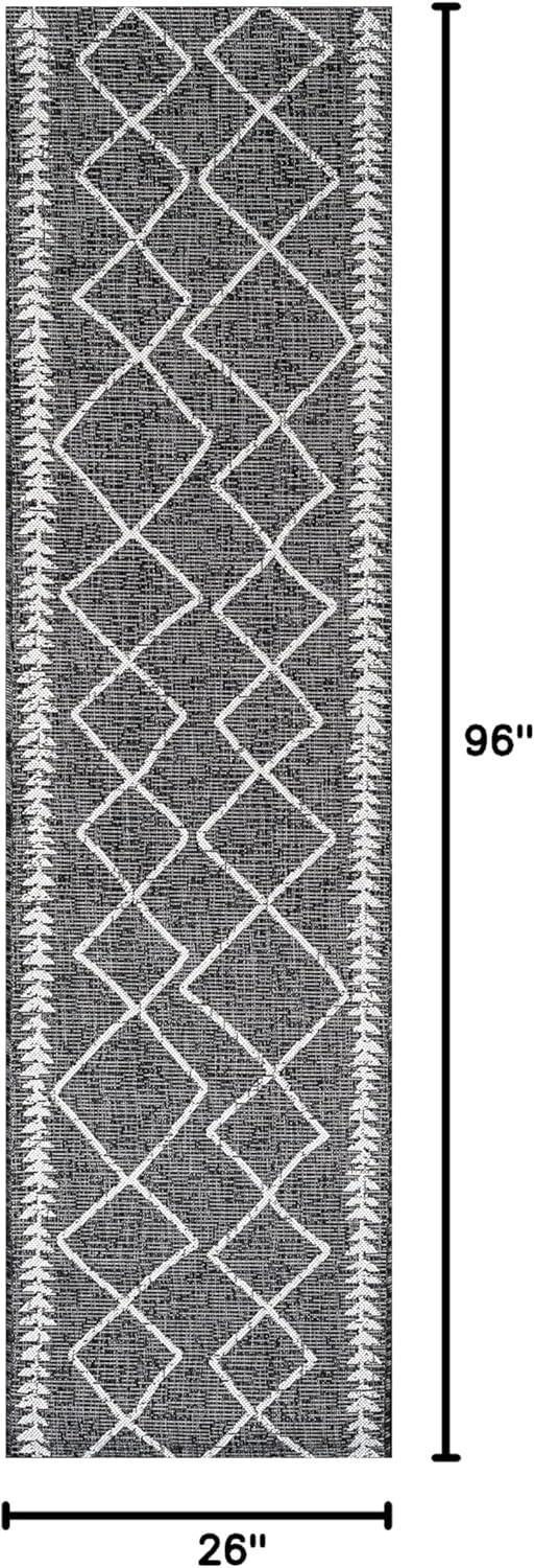 2'x10' Derya  Diamond Trellis Indoor/Outdoor Runner Rug, Black/Ivory - JONATHAN Y