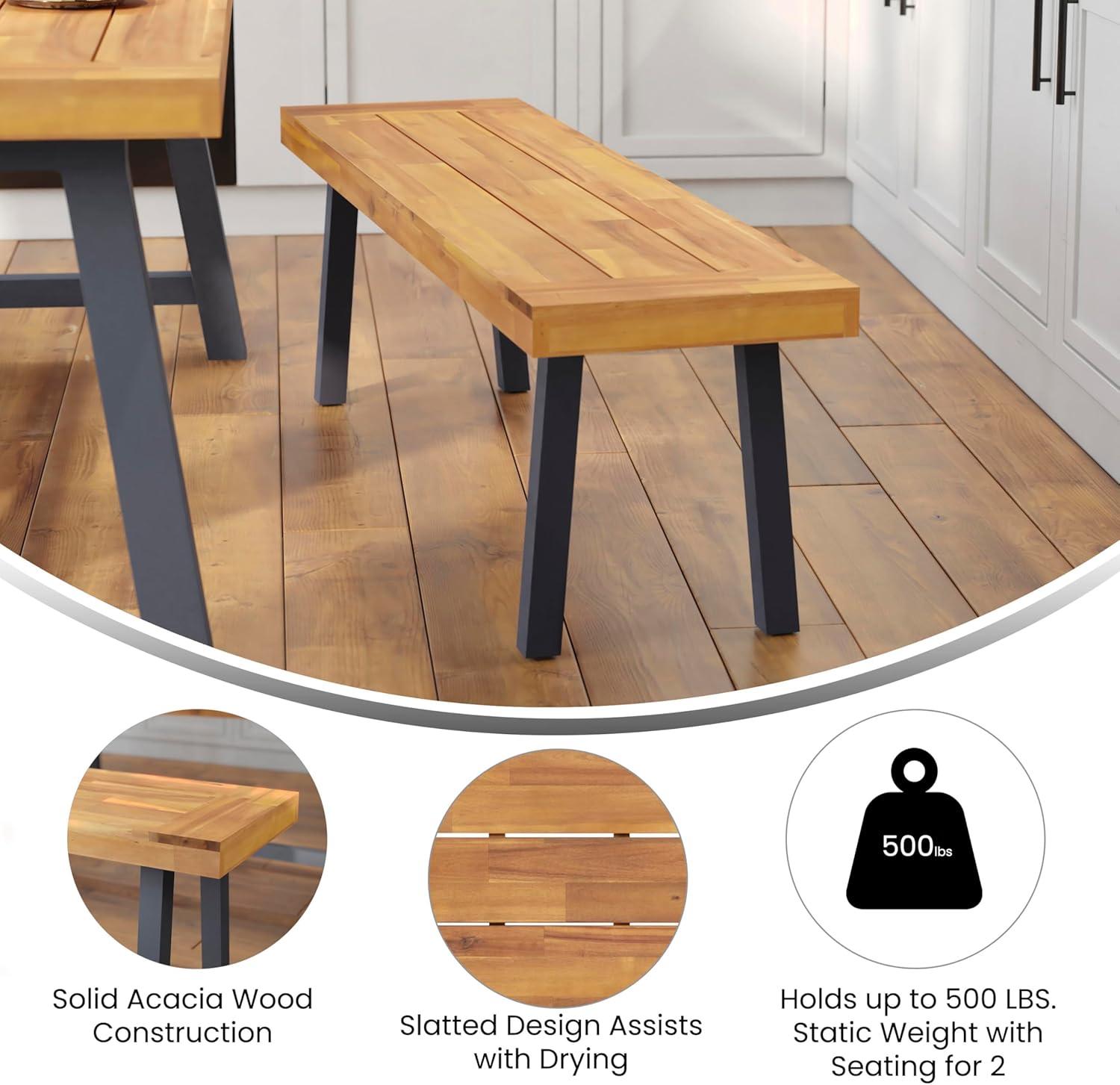 Flash Furniture Martindale Solid Acacia Wood Patio Dining Bench for 2 with Slatted Top and Black Flared Wooden Legs in a Natural Finish